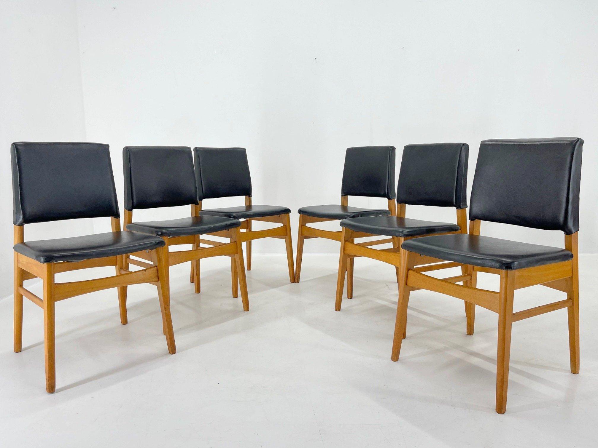 Mid-Century Modern Set of 6 Leatherette & Wood Chairs, Czechoslovakia, 1960's For Sale
