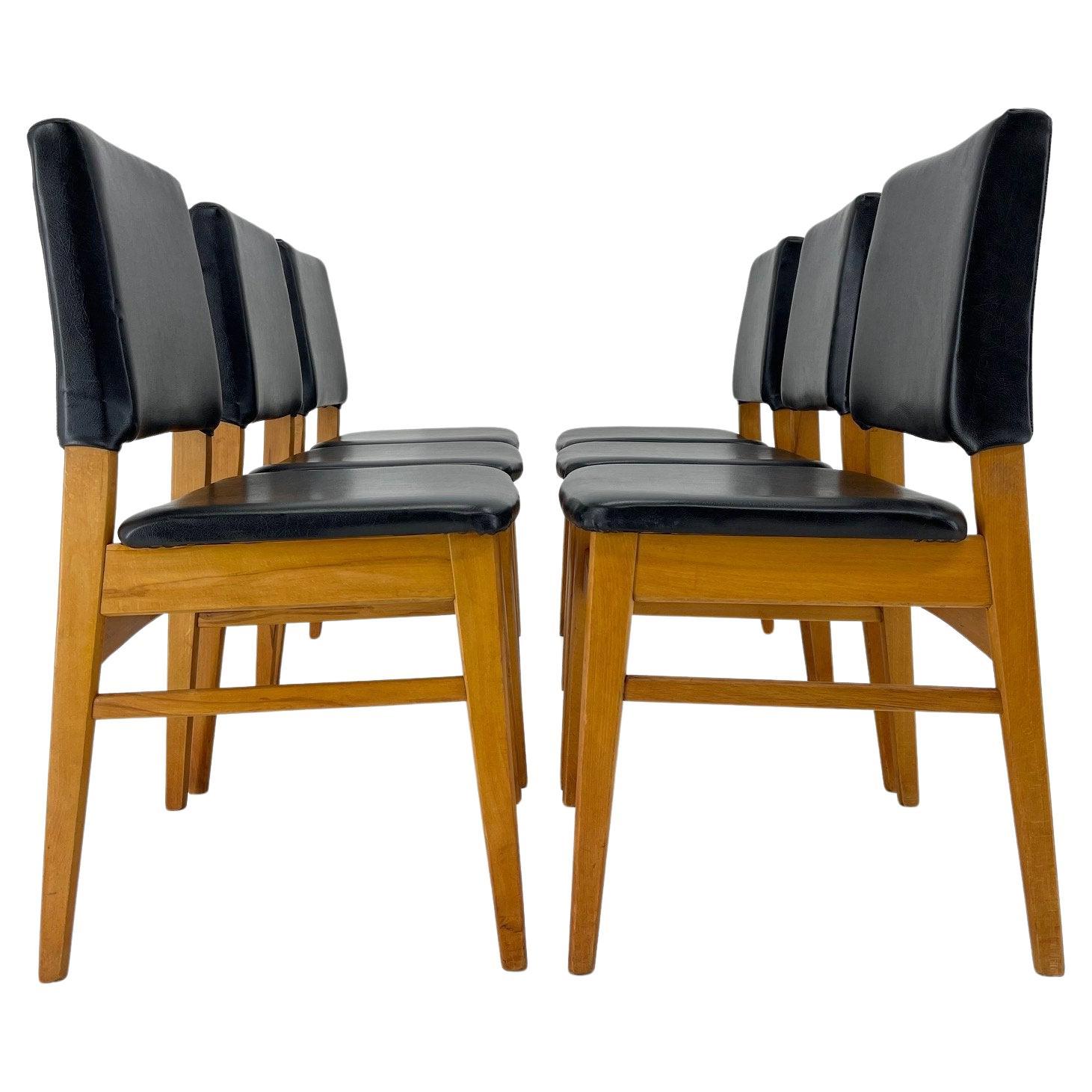 Set of 6 Leatherette & Wood Chairs, Czechoslovakia, 1960's For Sale