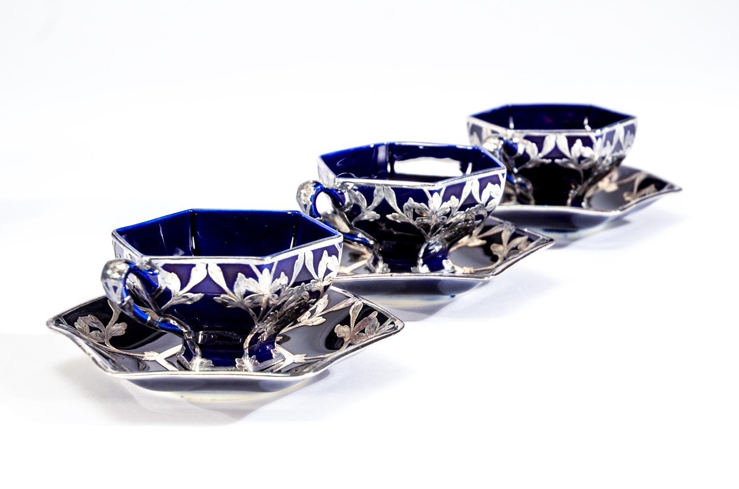 Set di 6 tazze e piattini Lenox Art Nouveau con sovrapposizione in argento in vendita 3