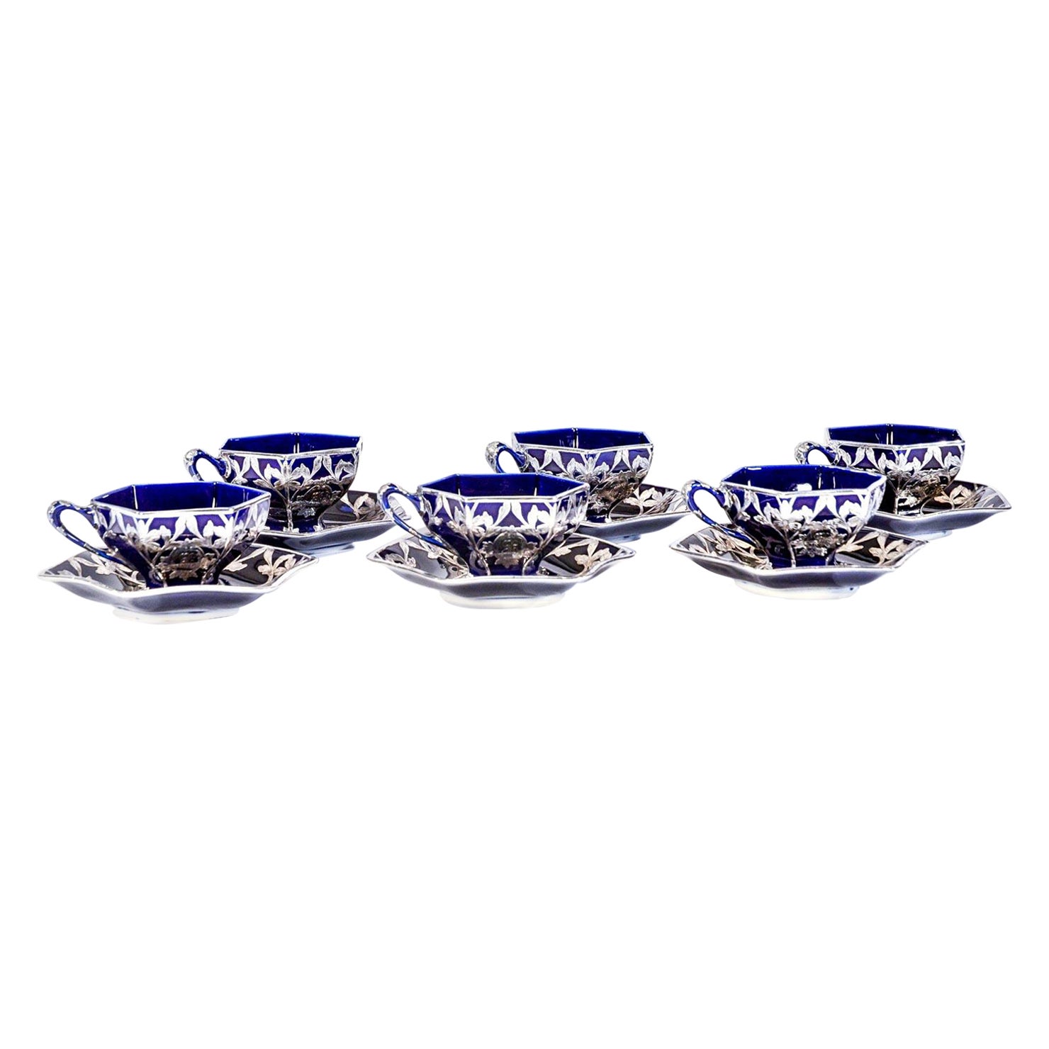 Juego de 6 tazas y platillos Lenox Art Nouveau de plata sobredorada