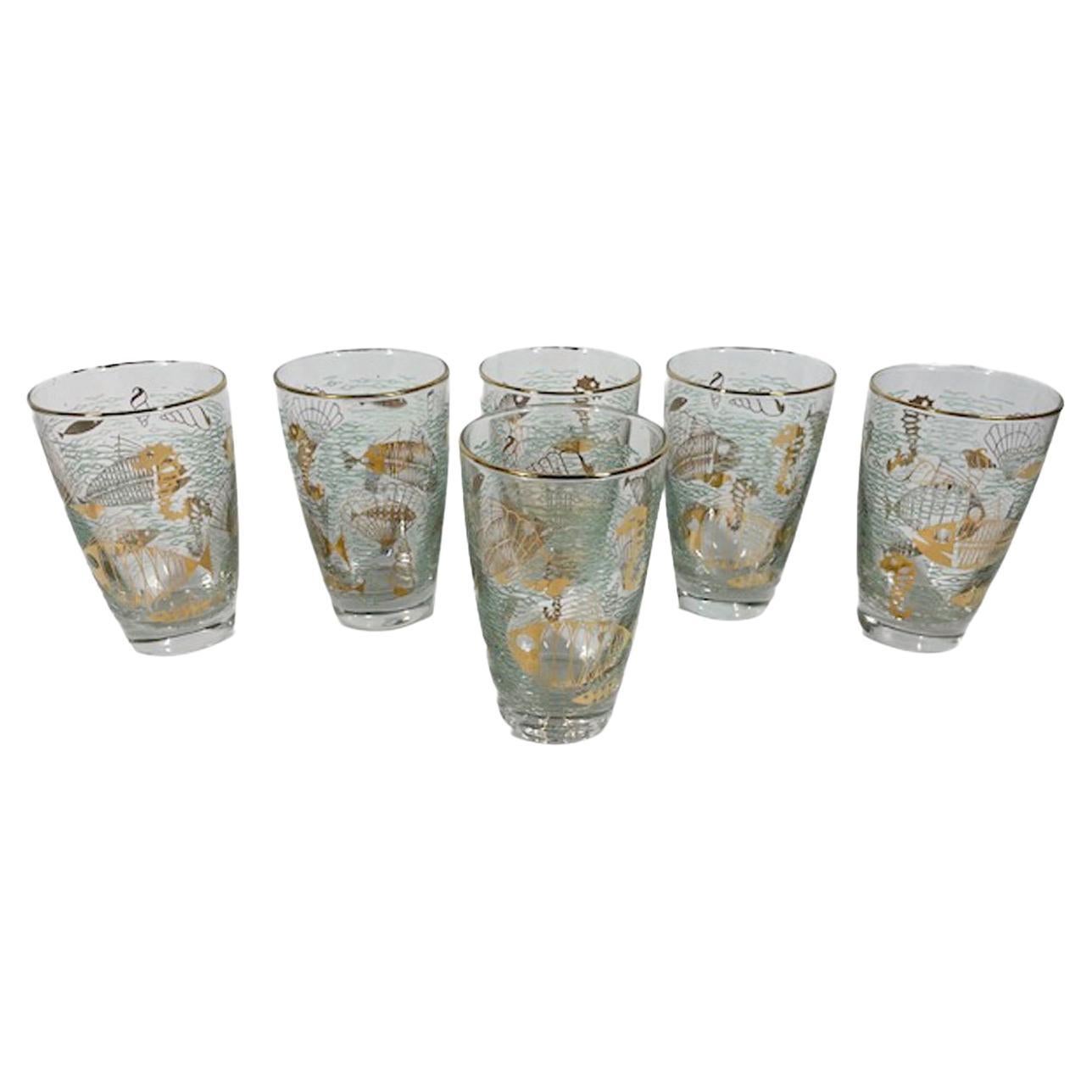 Ensemble de 6 gobelets en verre Libbey à motif de vie marine, abandonnés en 1959