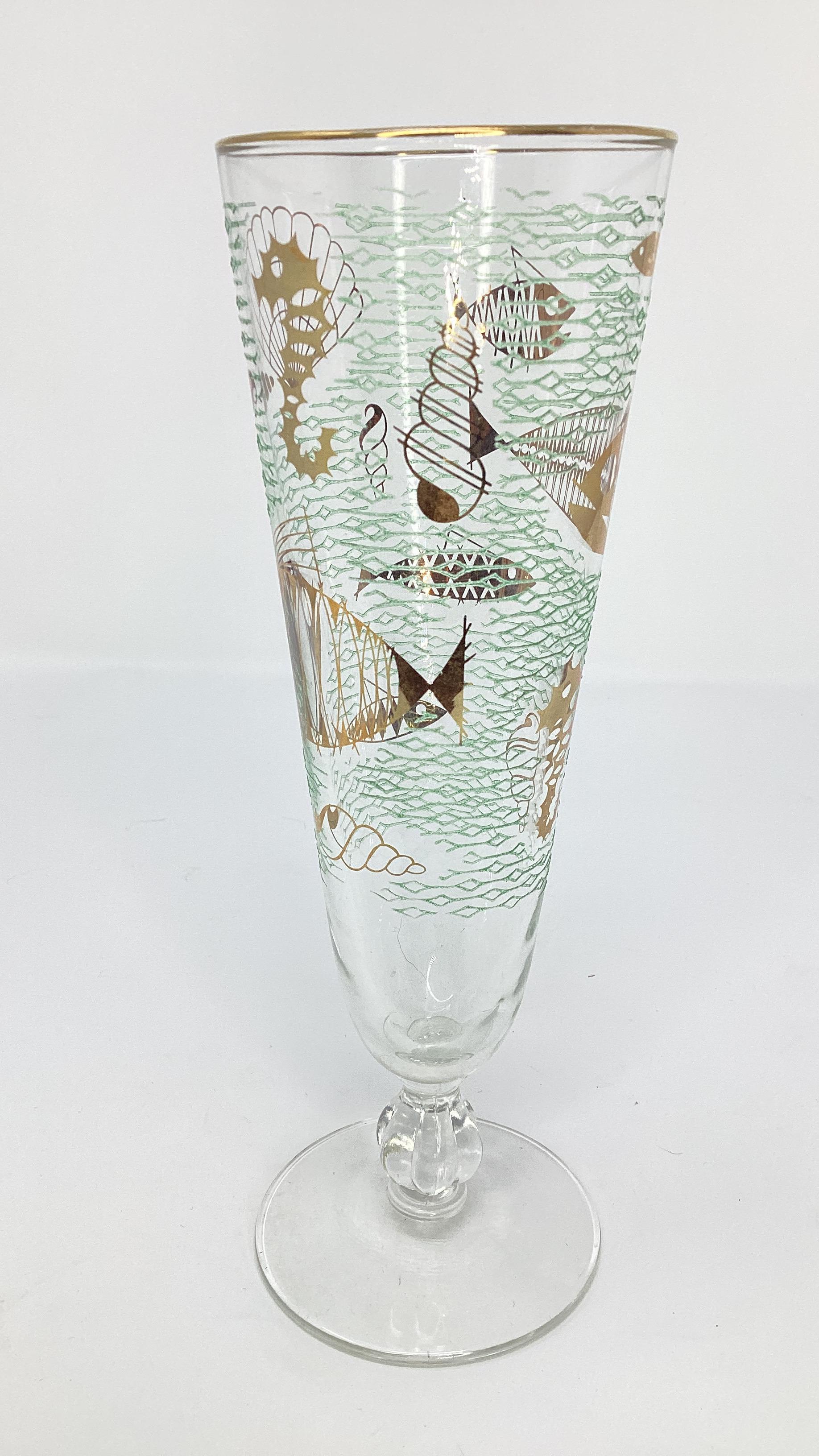 Set of 8 Vintage Libbey Sea Life pilsner glasses with raised green design and gilt seahorses and fish in an underwater ocean scene.