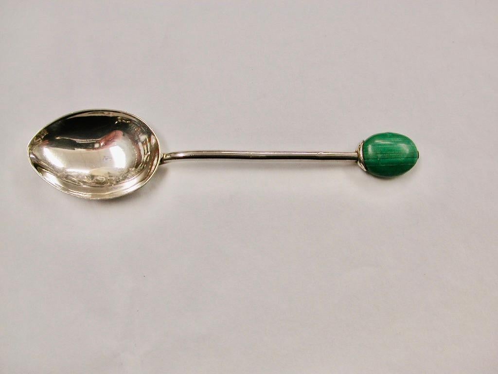 Sterling Silver Set of 6 Liberty & Co Arts & Crafts Silver Teaspoons with Hardstone Finials, 1924 For Sale