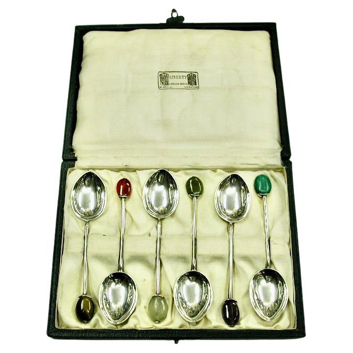 Set of 6 Liberty & Co Arts & Crafts Silver Teaspoons with Hardstone Finials, 1924