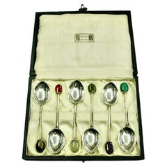 Vintage Set of 6 Liberty & Co Arts & Crafts Silver Teaspoons with Hardstone Finials, 1924