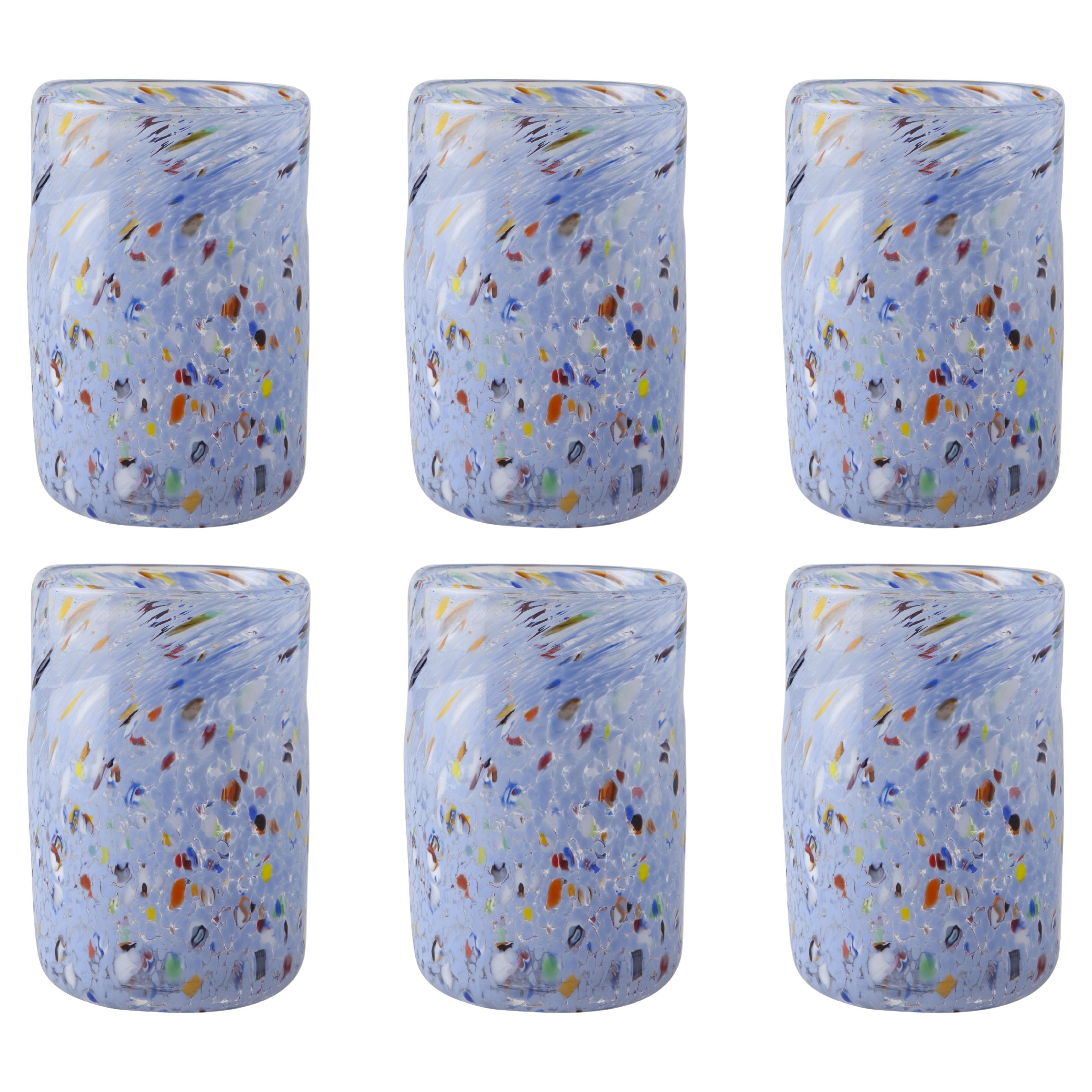 Ensemble de 6 verres à boire Goto de Murano bleu clair, fabriqués à la main en pervenche en vente