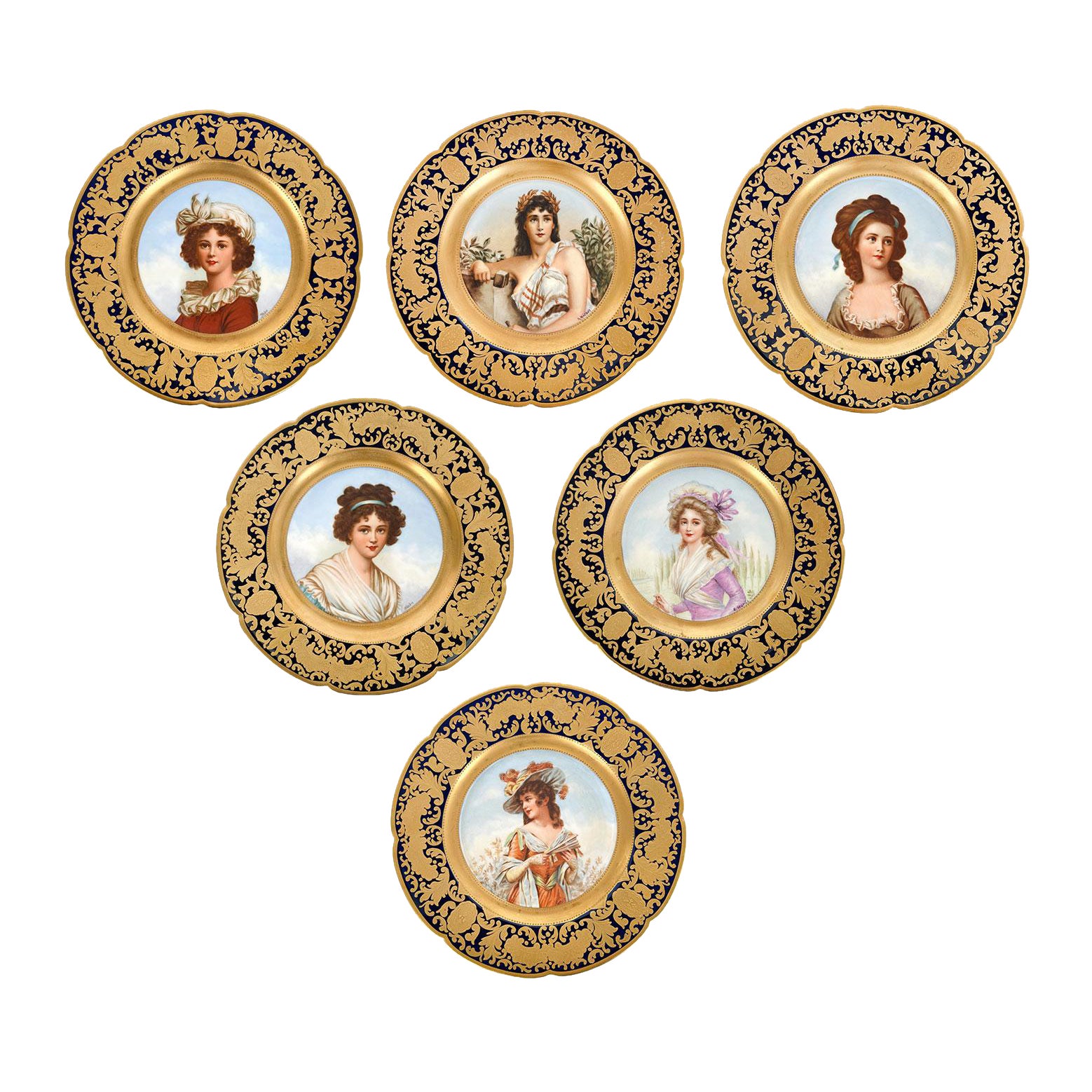 Set Of 6 Limoges Porcelain Cabinet Plates, France, Circa 1900 For Sale
