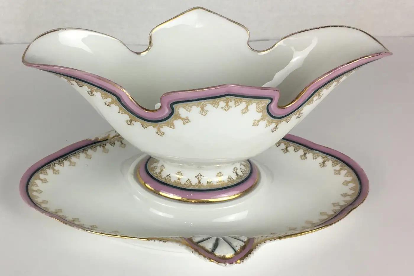 French Set of 6 Limoges Porcelain Serving Dishes, Platters, Bowl and Gravy Boats Set For Sale