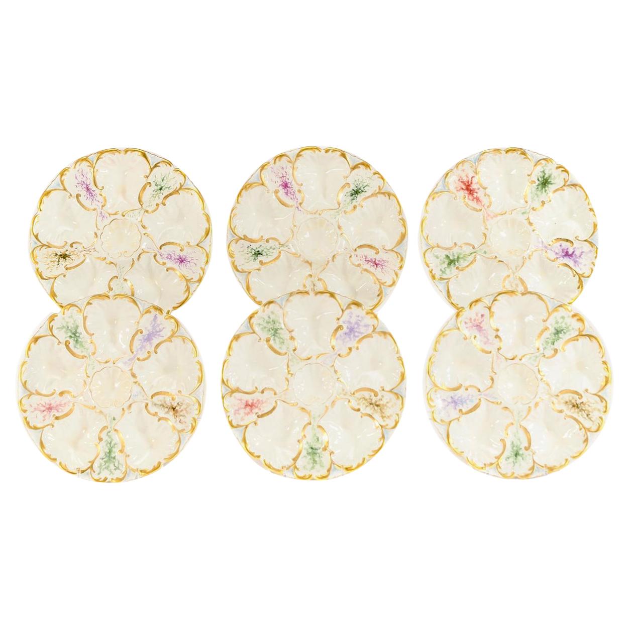 Set of 6 Limoges S & S Oyster Plates With Hand Painted Seaweed & Gilt Decoration