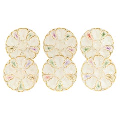 Set of 6 Limoges S & S Oyster Plates With Hand Painted Seaweed & Gilt Decoration
