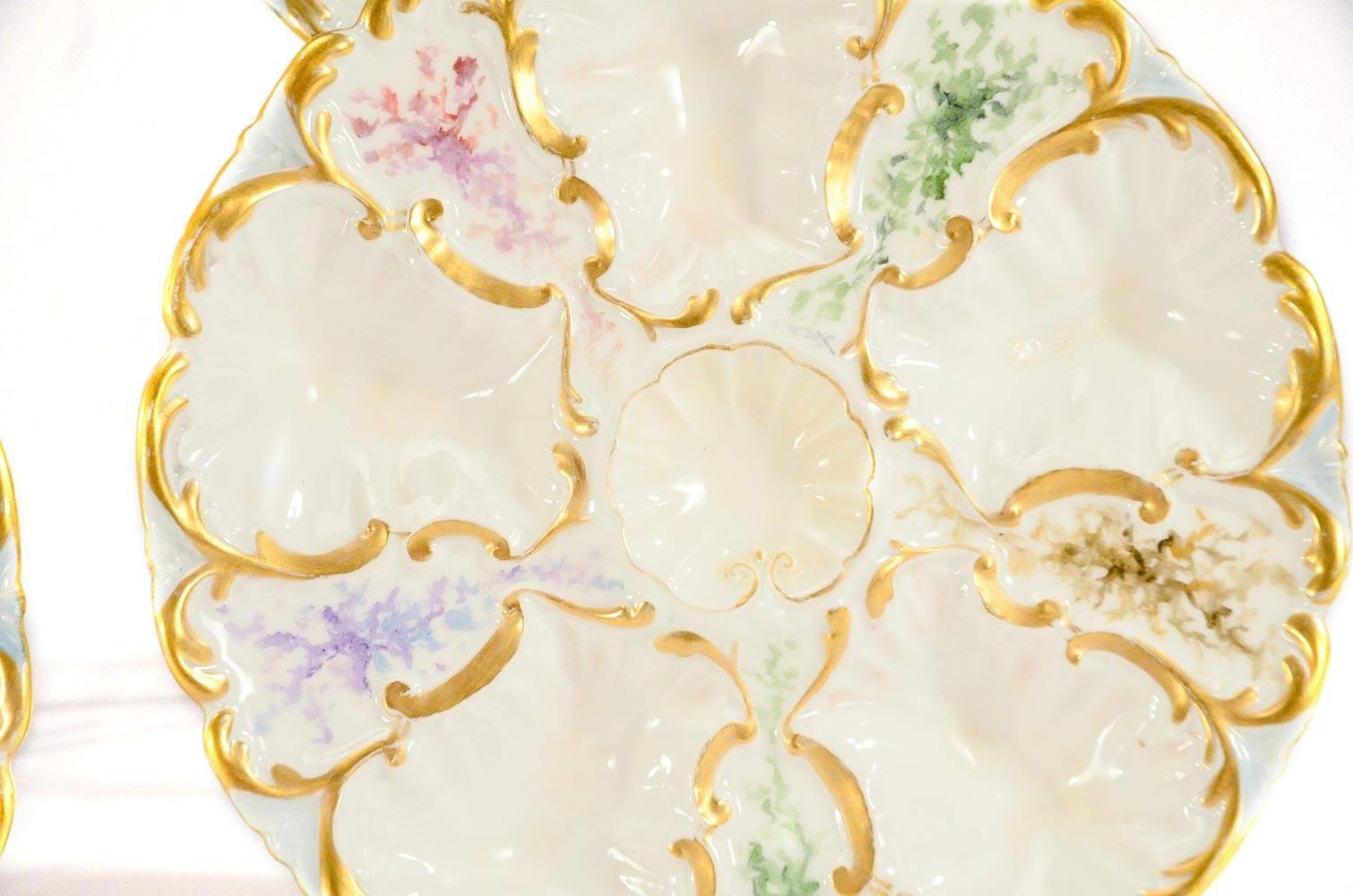 Aesthetic Movement Set of 6 Limoges S & S Oyster Plates With Hand Painted Seaweed & Gilt Decoration