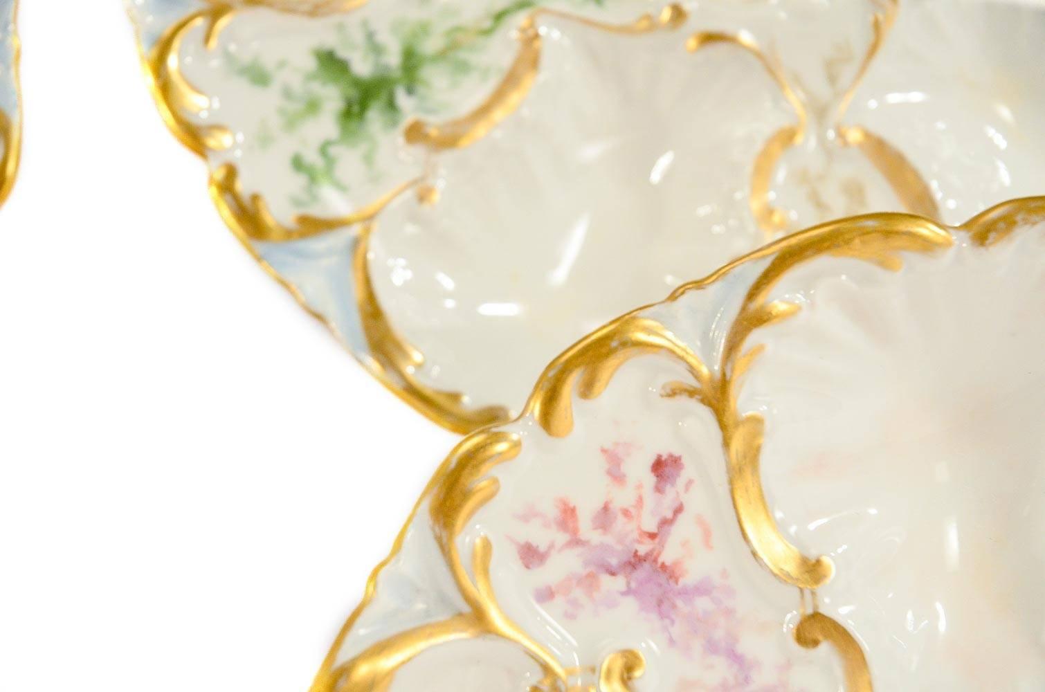 French Set of 6 Limoges S & S Oyster Plates With Hand Painted Seaweed & Gilt Decoration