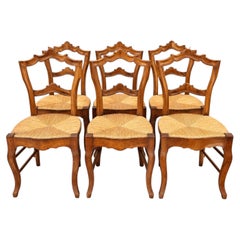 Set di 6 sedie in stile Luigi Filippo — Schienali intagliati — Sedute intrecciate in giunco