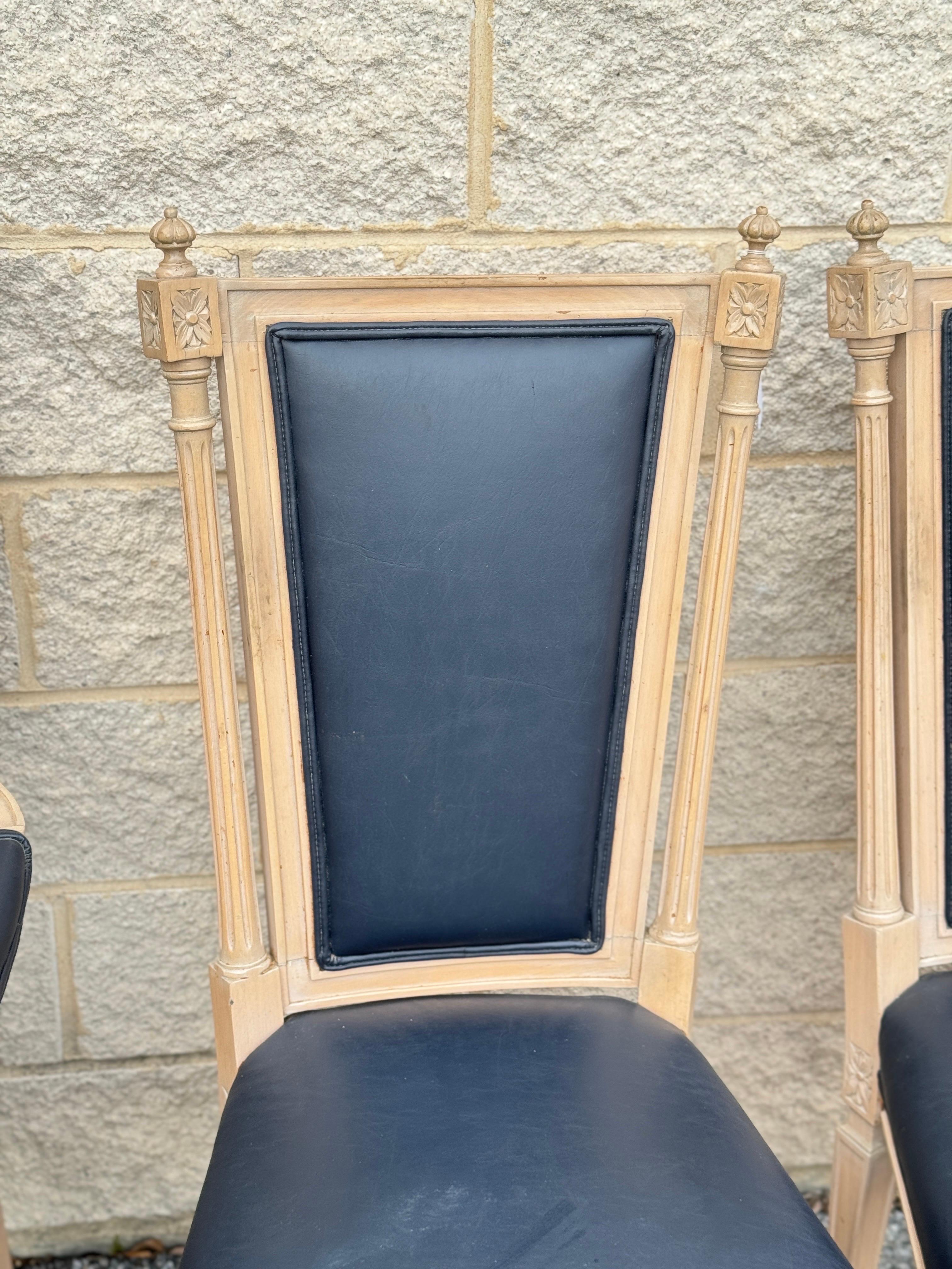 Leather Set of 6 Louis XIV Style Dining Chairs with Carved Wood Frames For Sale