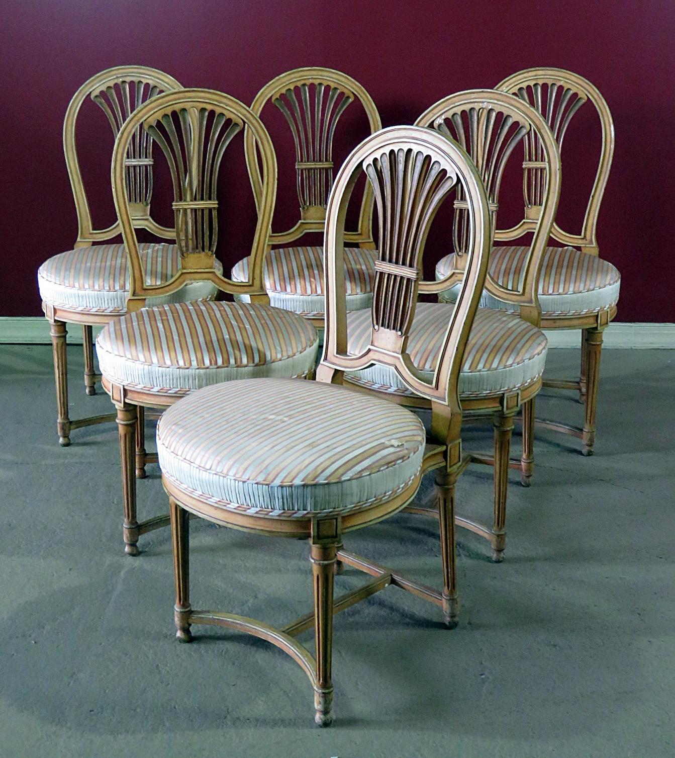 These gorgeous chairs are designed in the style of Maison Jansen who drew influences from Gustavian and French designs. These chairs may even be Jansen but are unmarked. Their simple yet sophisticated lines are further set apart by their completely