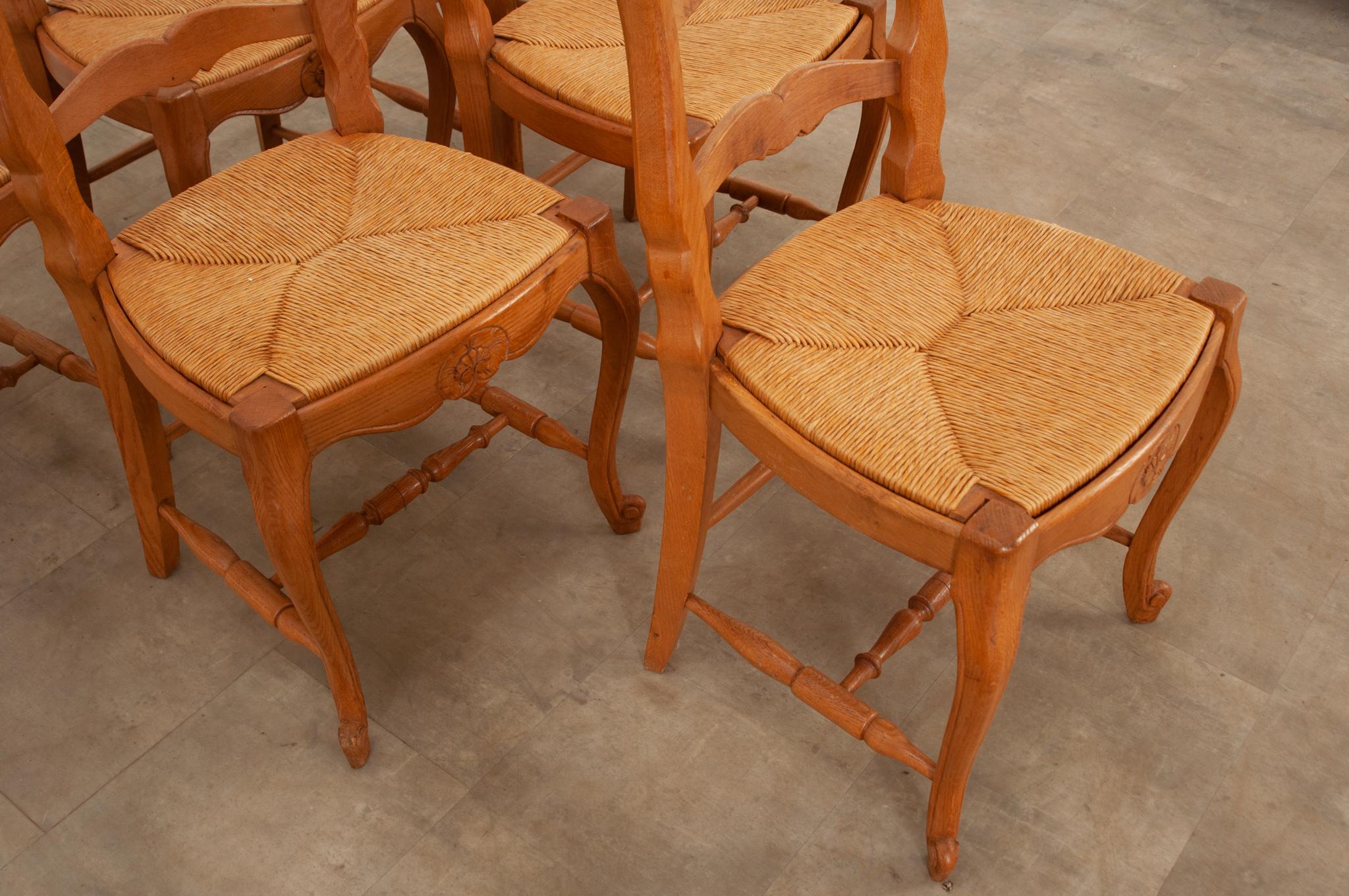 Carved Set of 6 Louis XV Style Rush Seat Dining Chairs