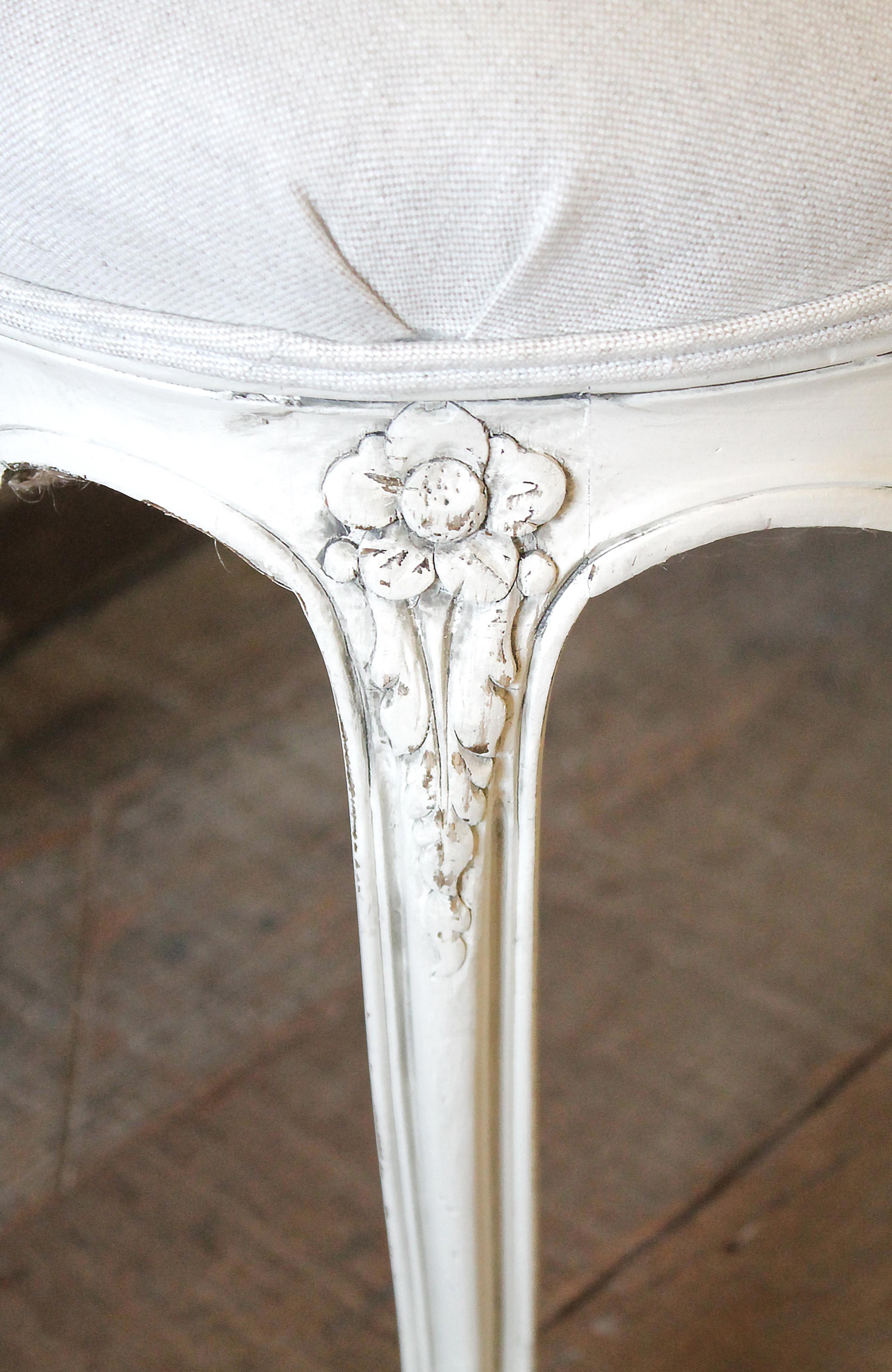 Set of 6 Louis XV Style White Painted French Linen Upholstered Dining Chairs 2