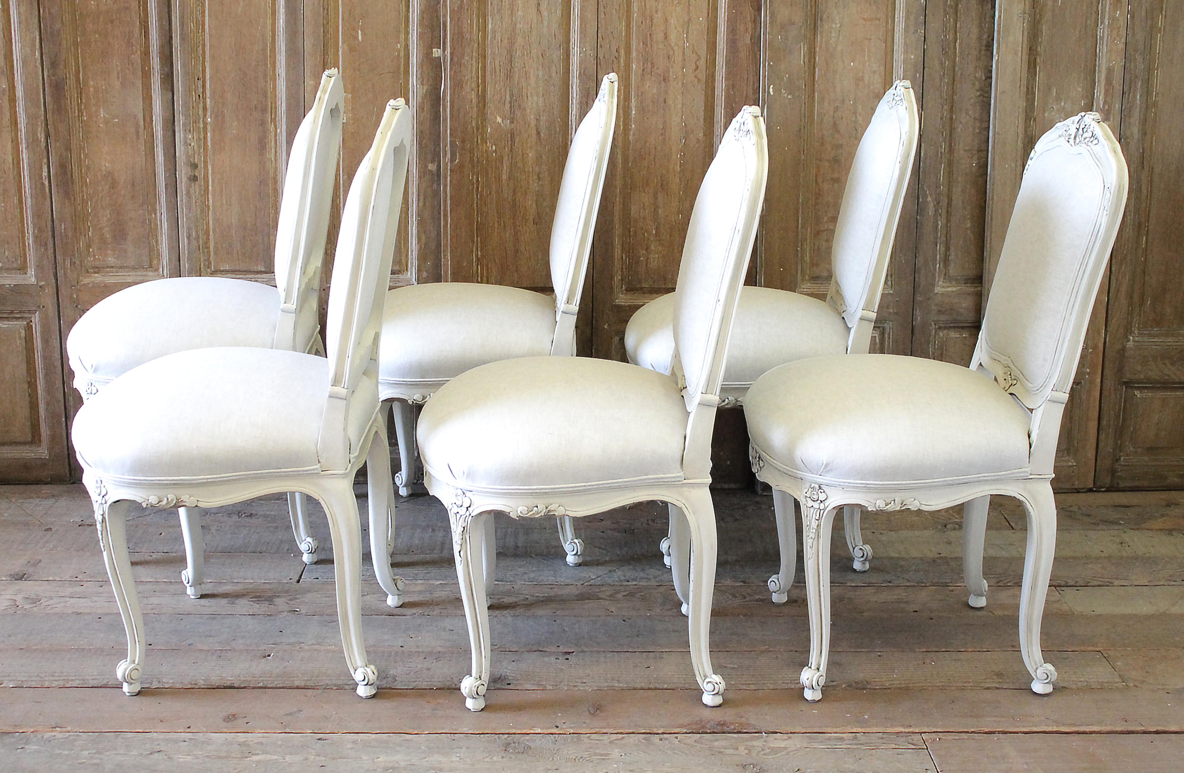 Set of 6 Louis XV Style White Painted French Linen Upholstered Dining Chairs 5