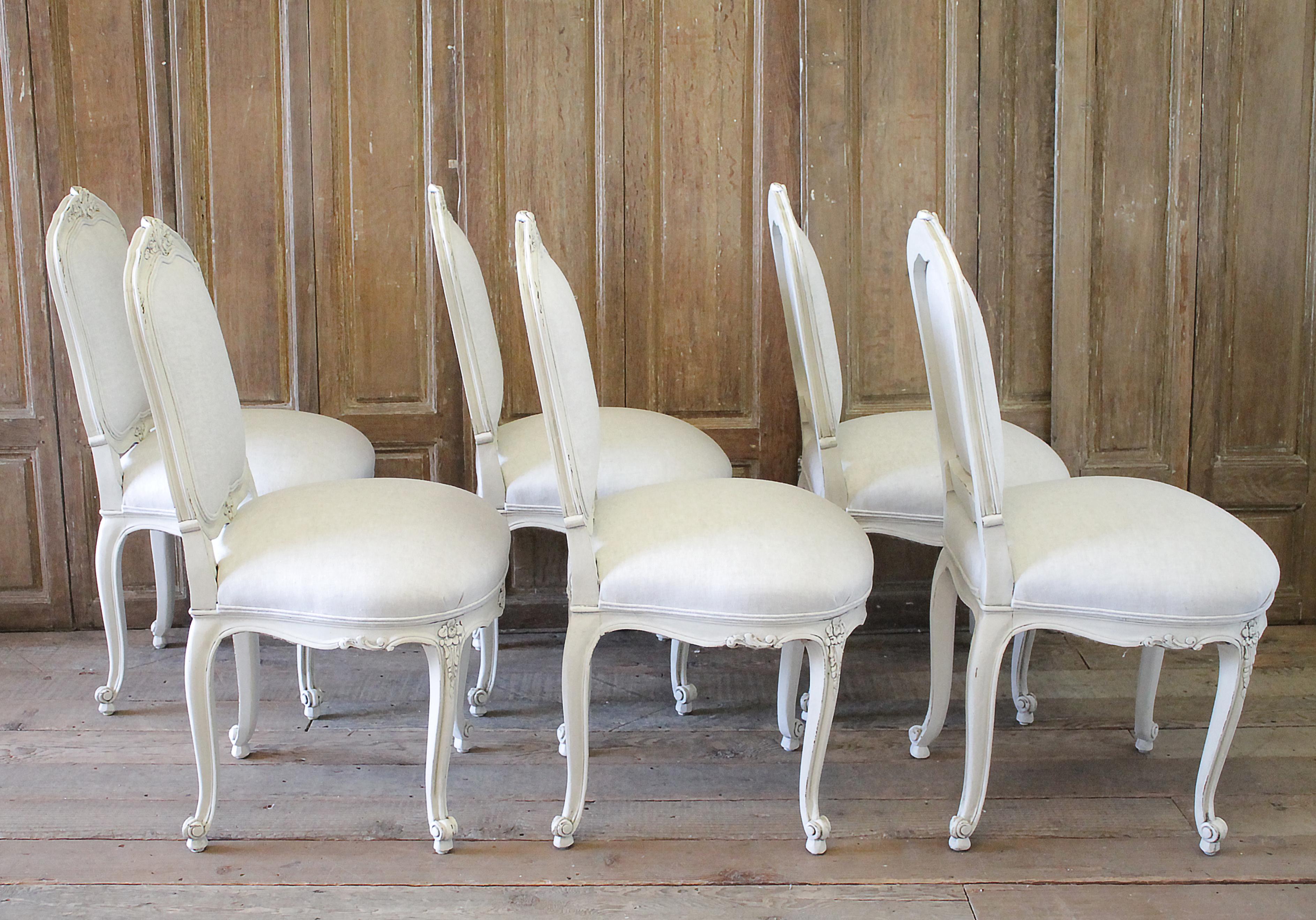 Set of 6 Louis XV Style White Painted French Linen Upholstered Dining Chairs 6