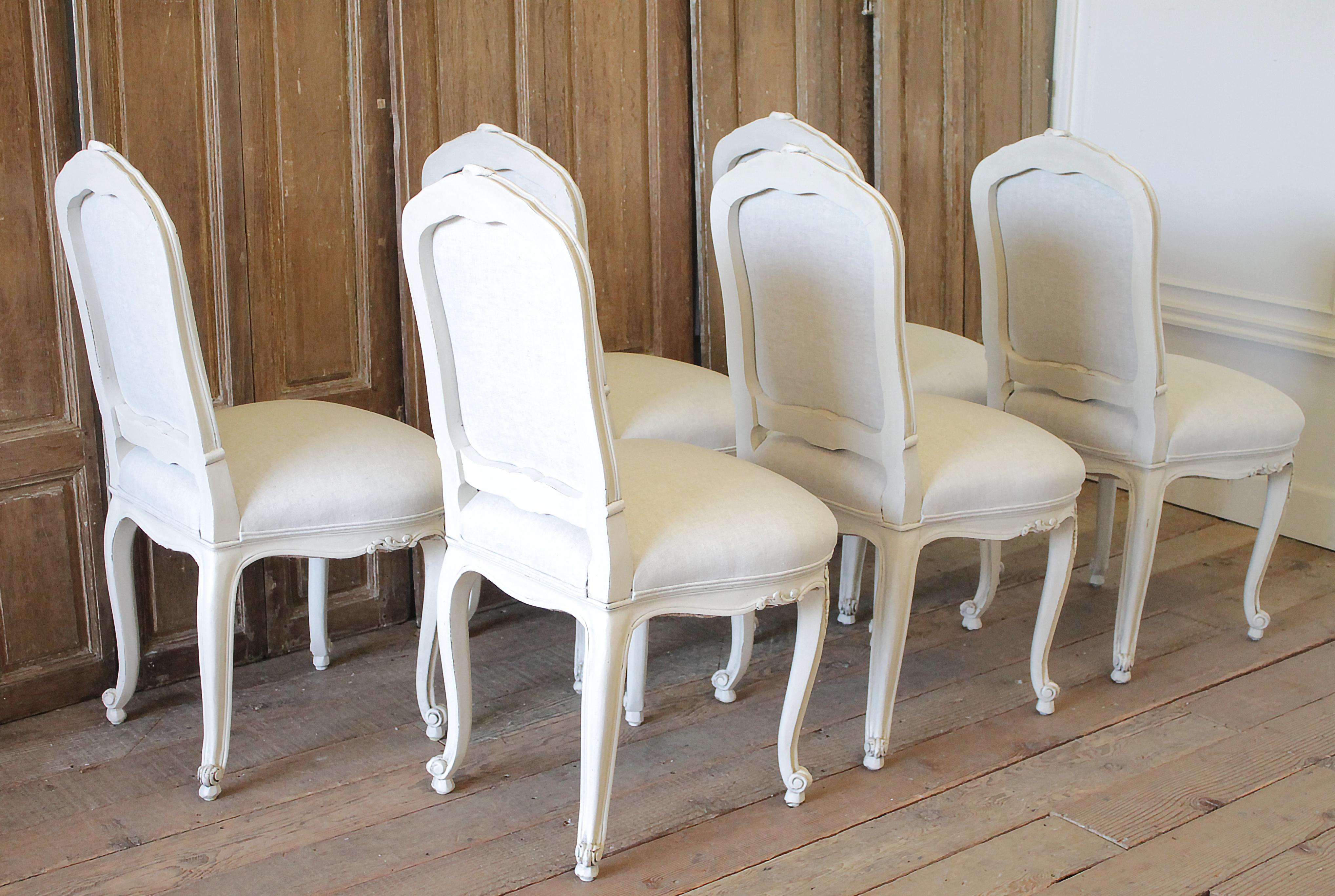 Set of 6 Louis XV Style White Painted French Linen Upholstered Dining Chairs 7
