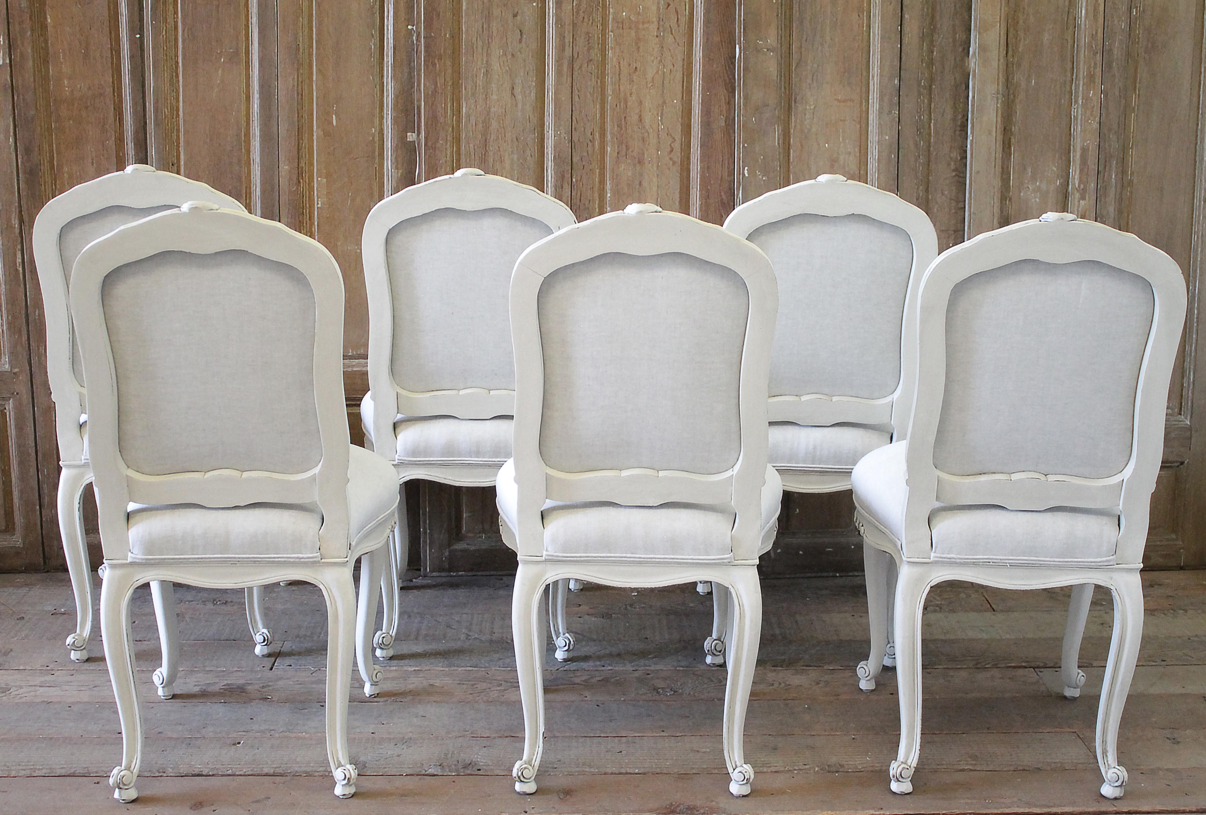 Set of 6 Louis XV Style White Painted French Linen Upholstered Dining Chairs 8
