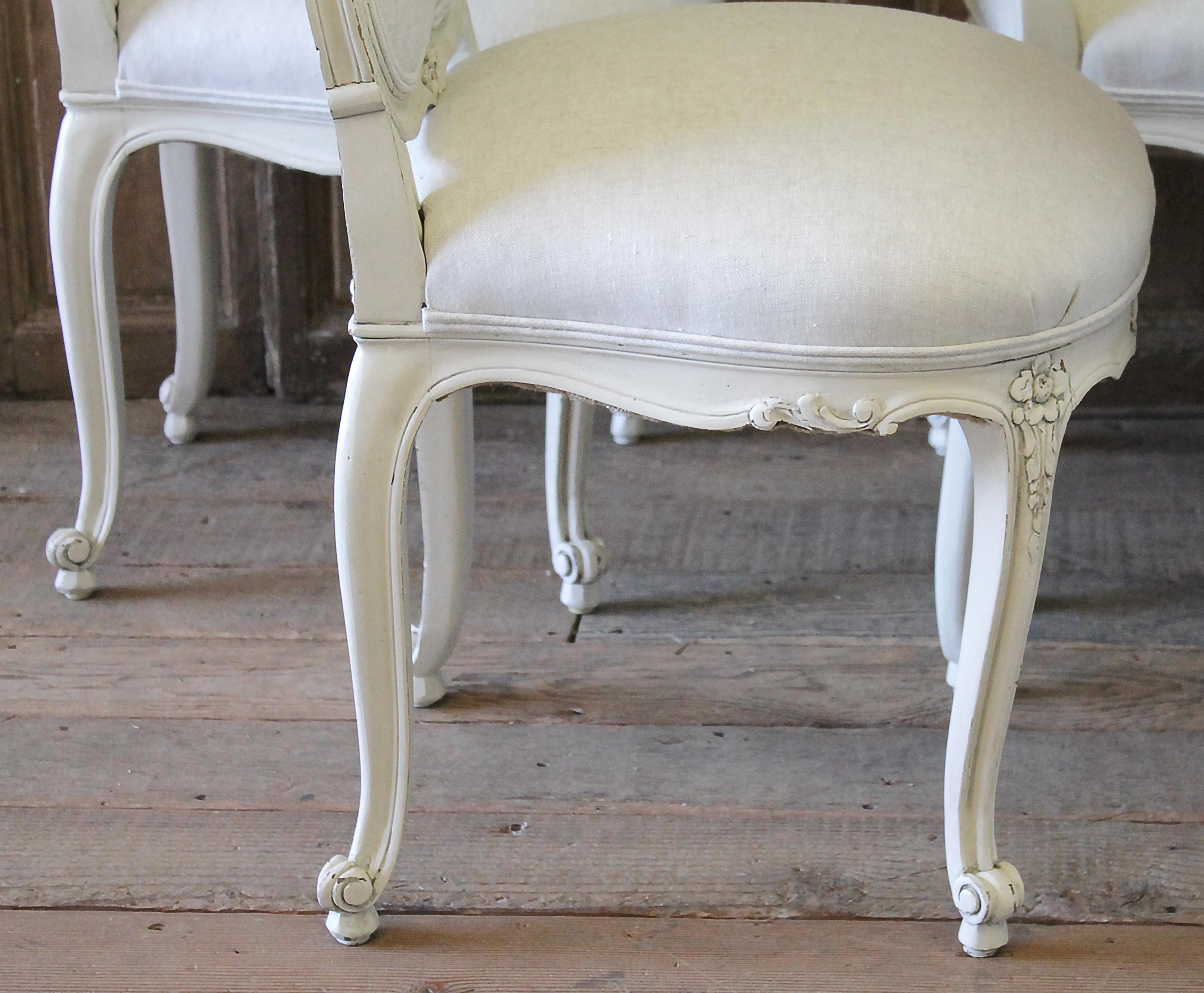 European Set of 6 Louis XV Style White Painted French Linen Upholstered Dining Chairs