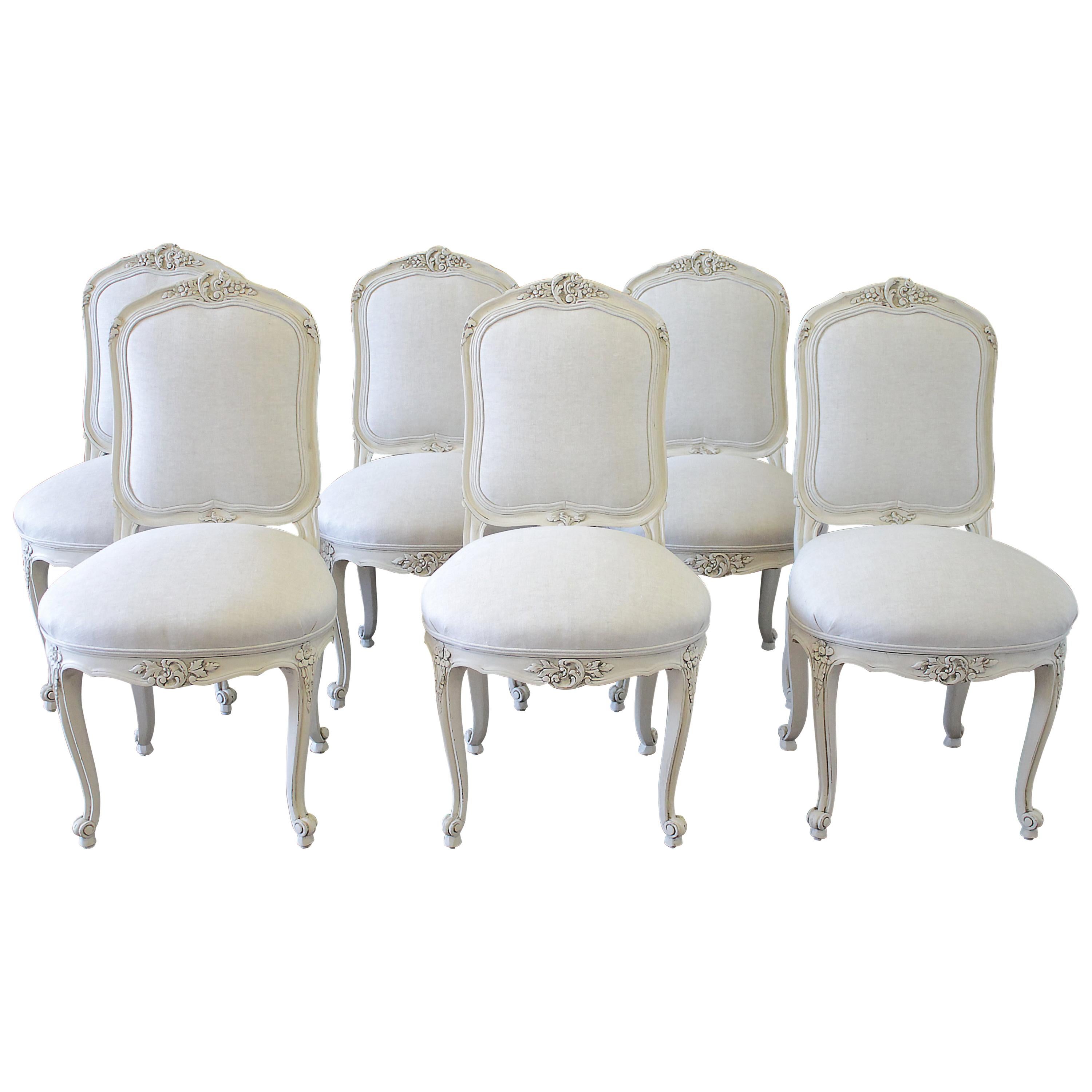 Set of 6 Louis XV Style White Painted French Linen Upholstered Dining Chairs