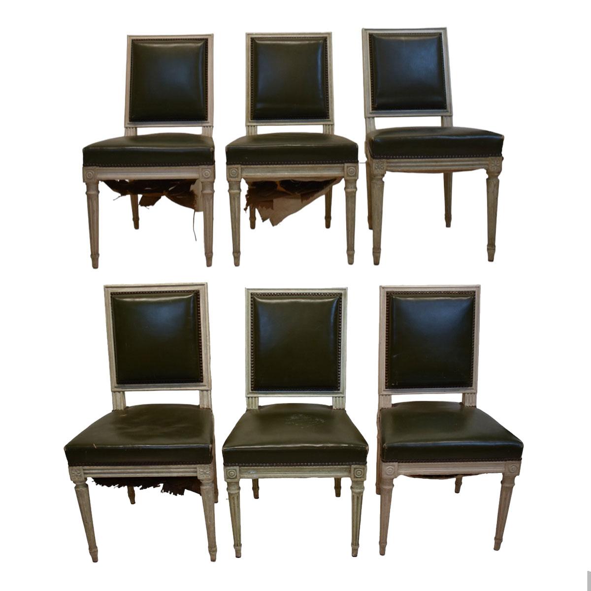 This set of 6 Louis XVI chairs is a staple piece to any collection of antiques. The clean structure of the chairs and understated yet sophisticated facades make them complimentary to many design styles. These chairs feature delicate carvings along