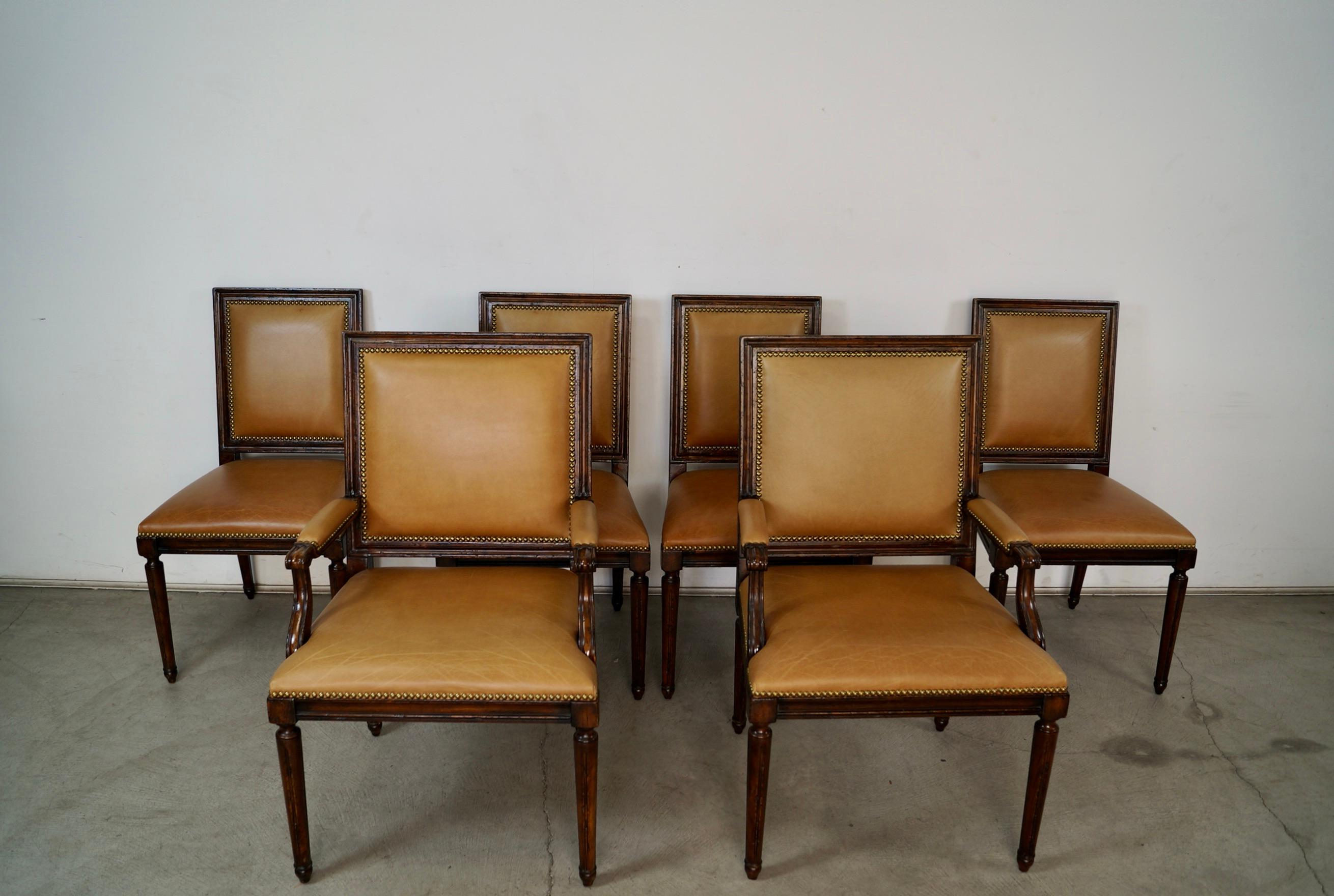 Set of six dining chairs. They were manufactured by Ralph Lauren for Henredon, and were part of a special series / collection. They come with a pair of armchairs, and four single dining chairs. They are all in excellent condition, and have a tan
