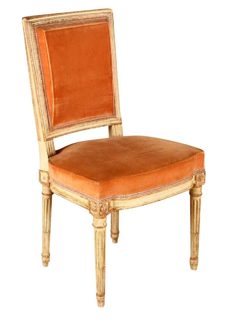 Elegant set of 6 Louis XVI style Parisian dining chairs with peach-colored velvet high quality upholstery. Stylish and comfortable, from a Parisian apartment, possibly Jansen.
   