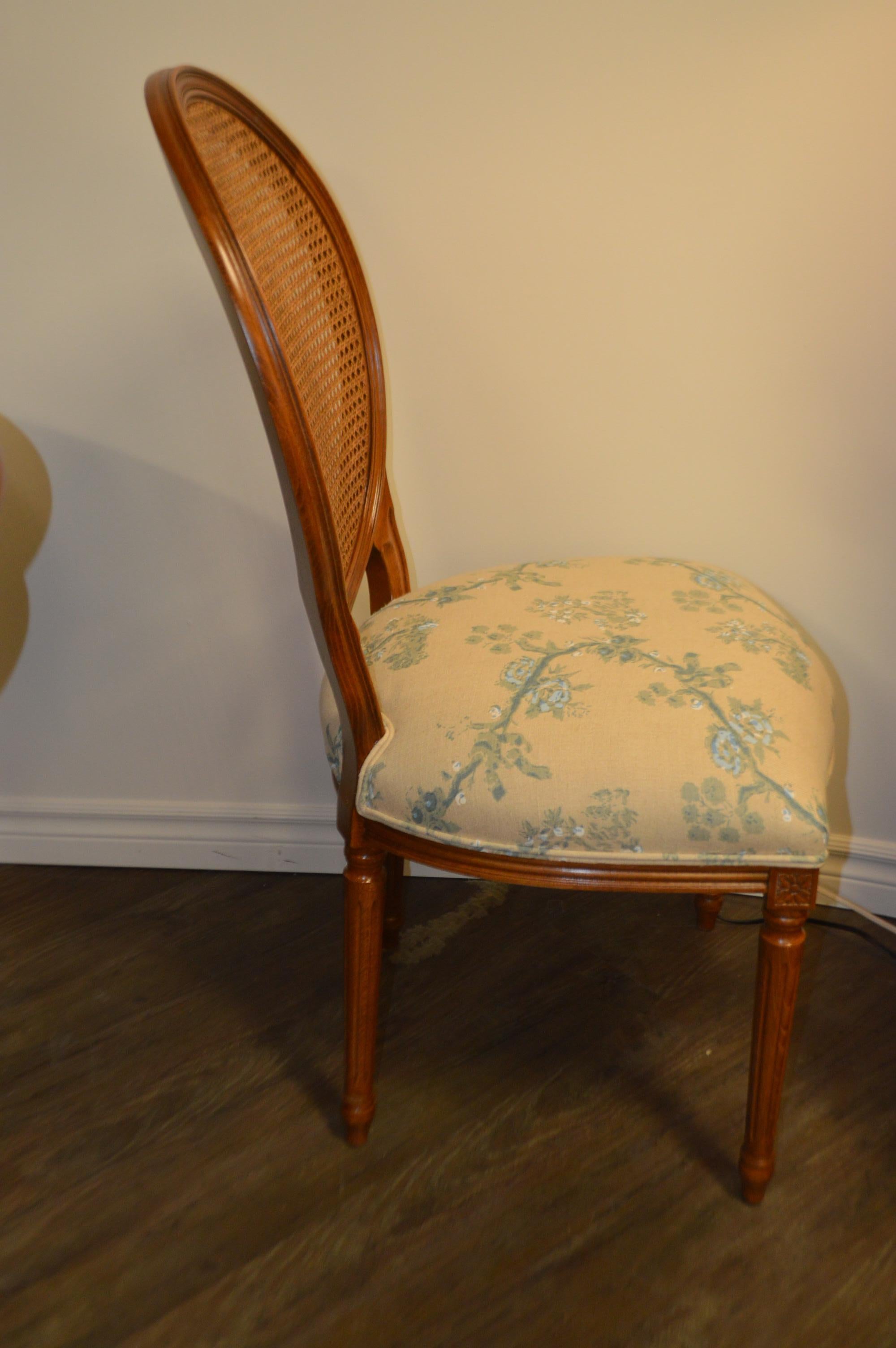 Set of 6 Louis XVI Style Oval and Caned Back Dining Chairs Seat in Printed Linen 4