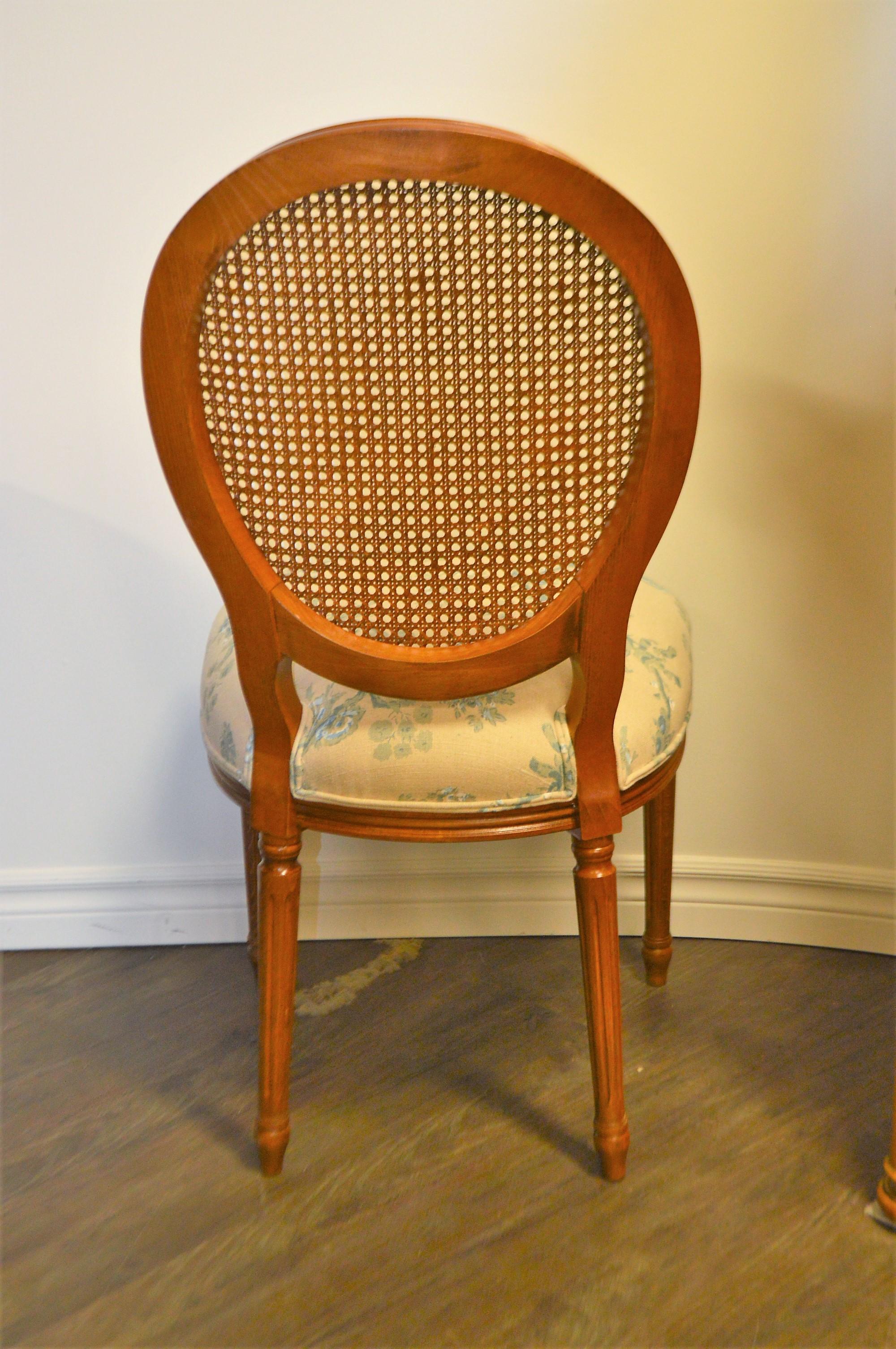 Set of 6 Louis XVI Style Oval and Caned Back Dining Chairs Seat in Printed Linen 5