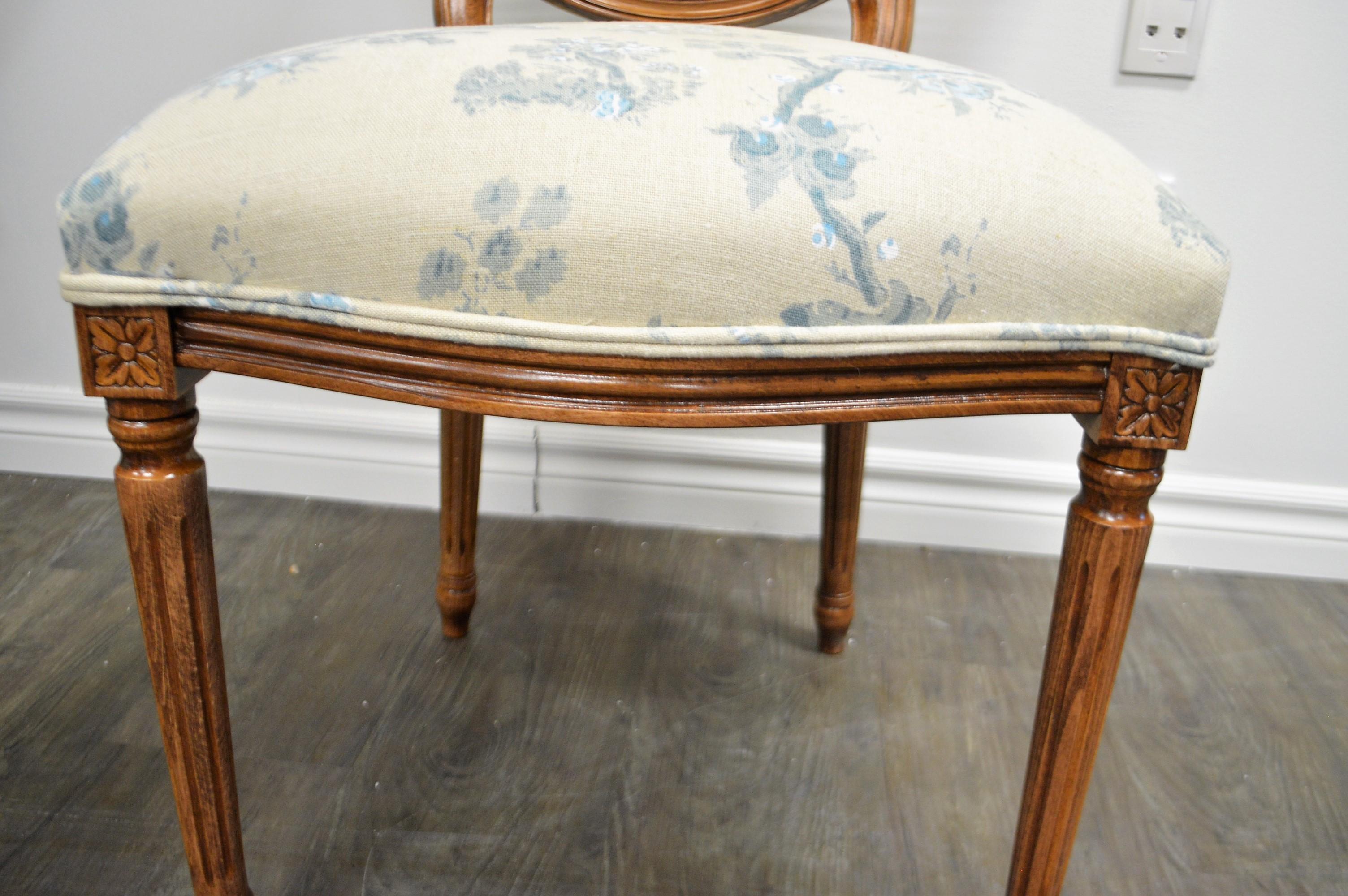 Set of 6 Louis XVI Style Oval and Caned Back Dining Chairs Seat in Printed Linen 2