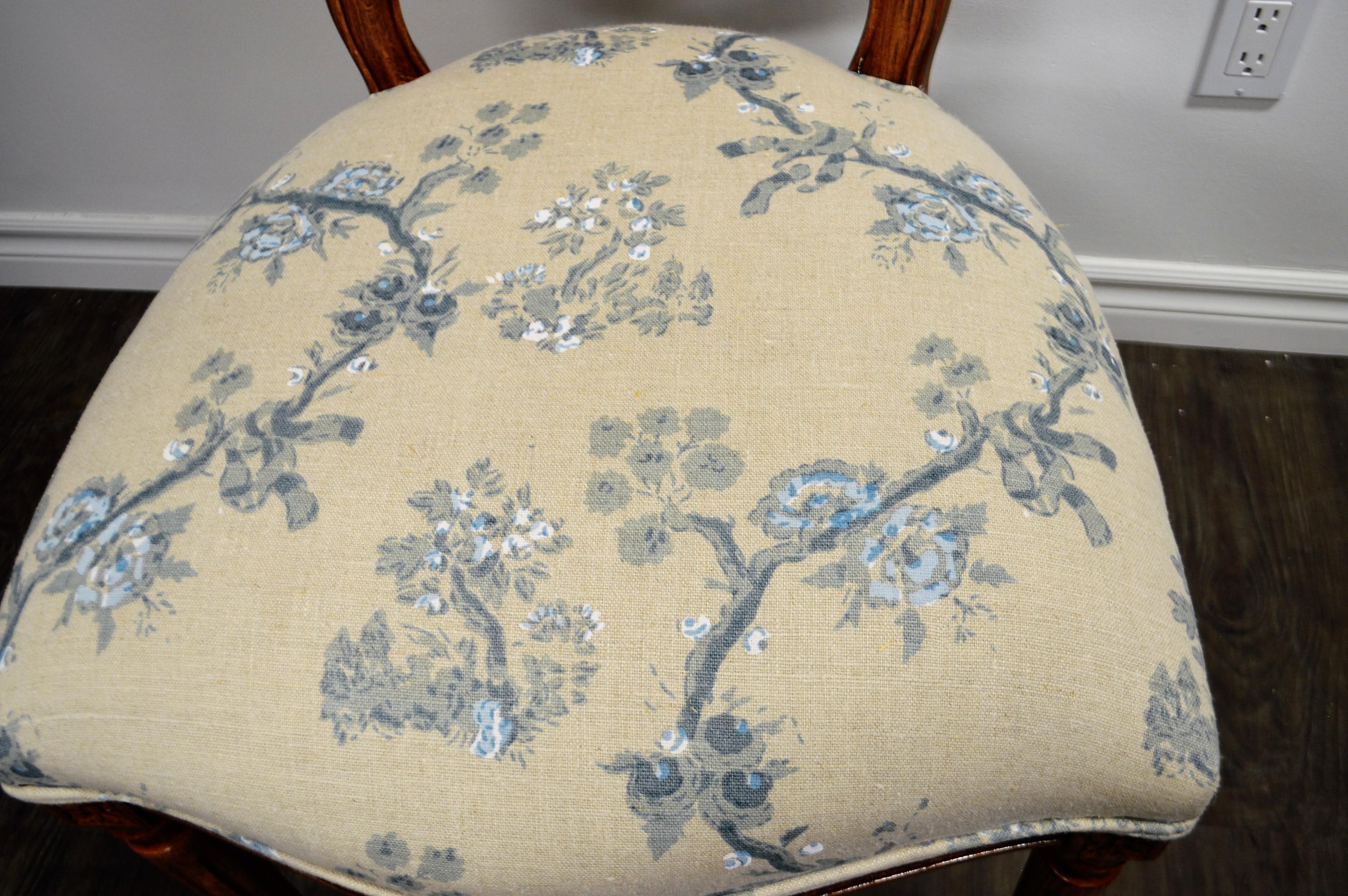 Set of 6 Louis XVI Style Oval and Caned Back Dining Chairs Seat in Printed Linen 3