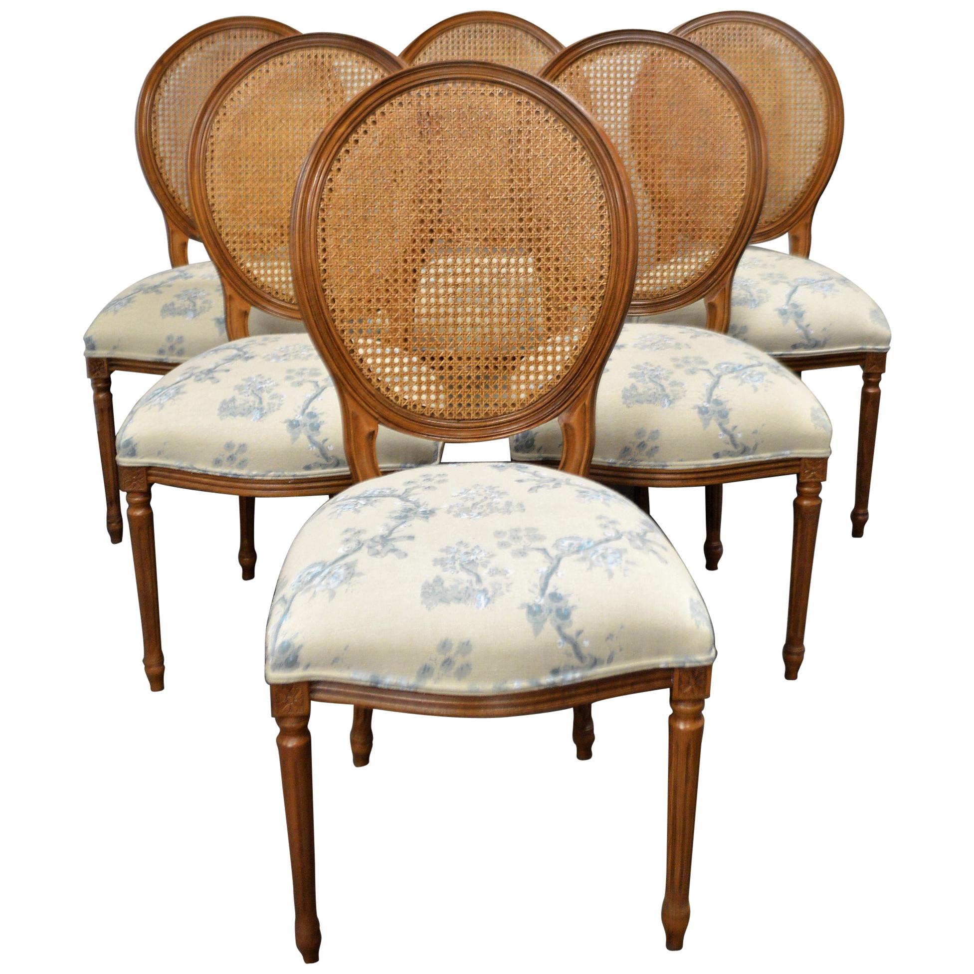 Set of 6 Louis XVI Style Oval and Caned Back Dining Chairs Seat in Printed Linen