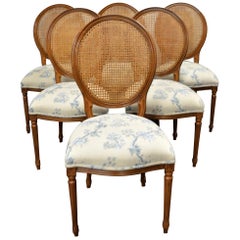 Set of 6 Louis XVI Style Oval and Caned Back Dining Chairs Seat in Printed Linen