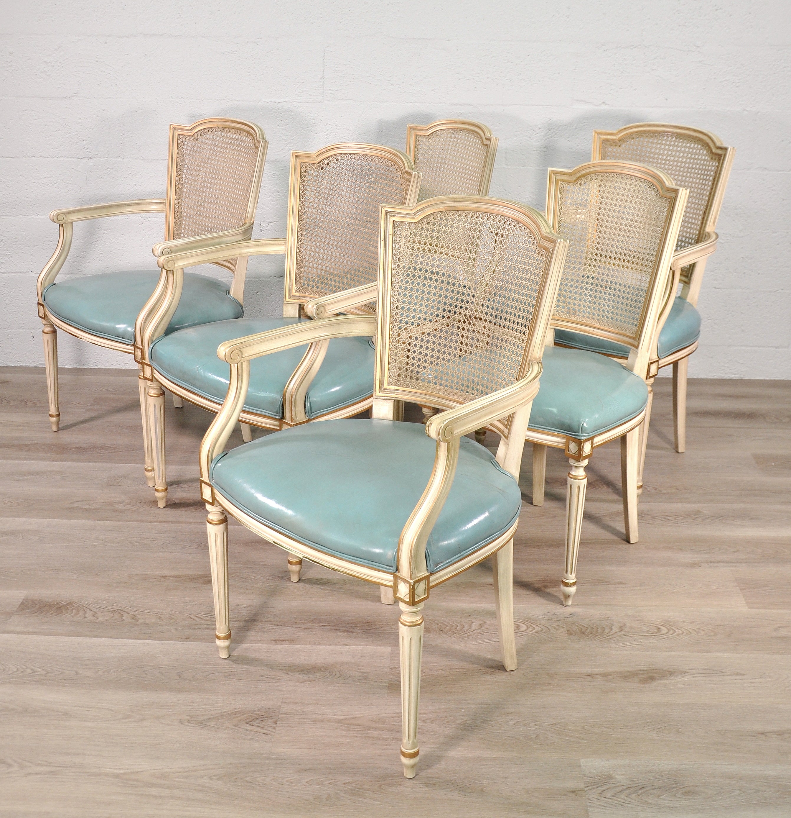 Hardwood Set of 6 Louis XVI Style Painted Dining Chairs with Cane Backs