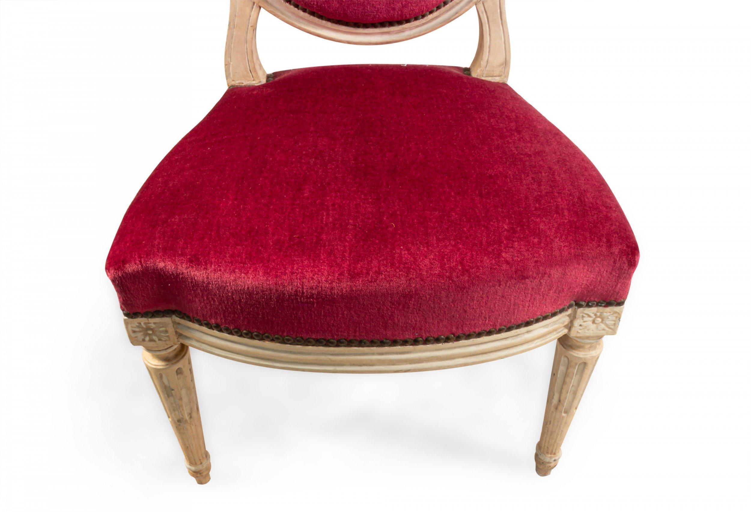 Wood Set of 6 Louis XVI Style Painted Red Upholstered Dining Chairs