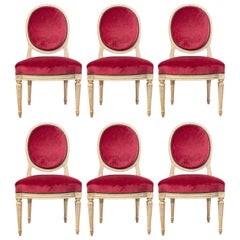 Set of 6 Louis XVI Style Painted Red Upholstered Dining Chairs