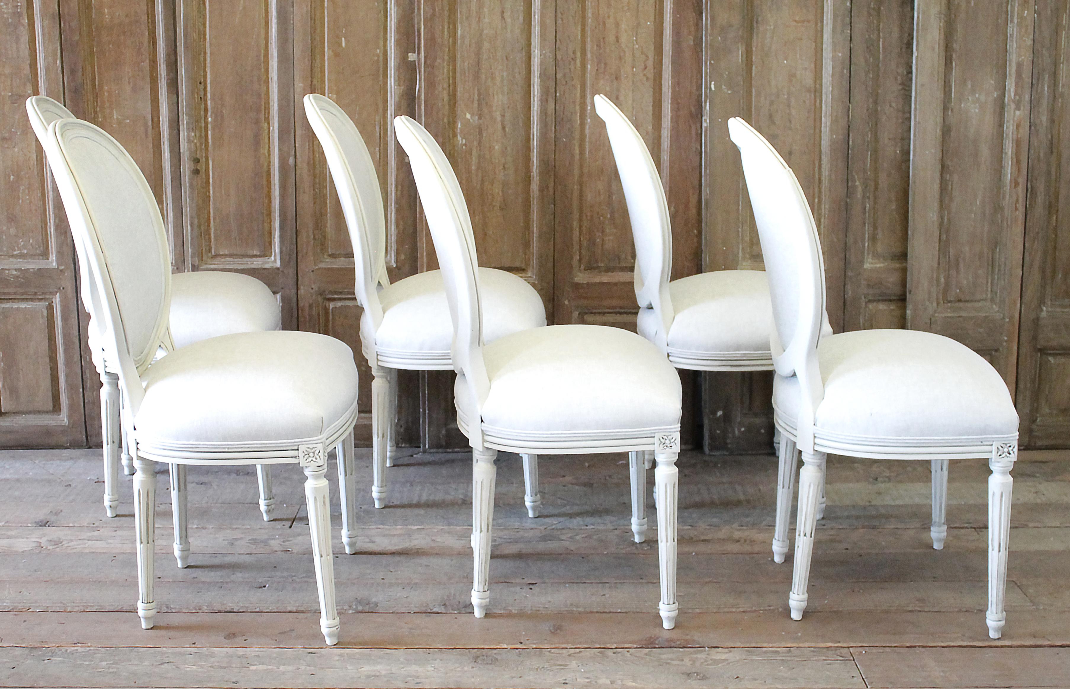 Set of 6 Louis XVI Style White Painted and Upholstered Dining Chairs 6