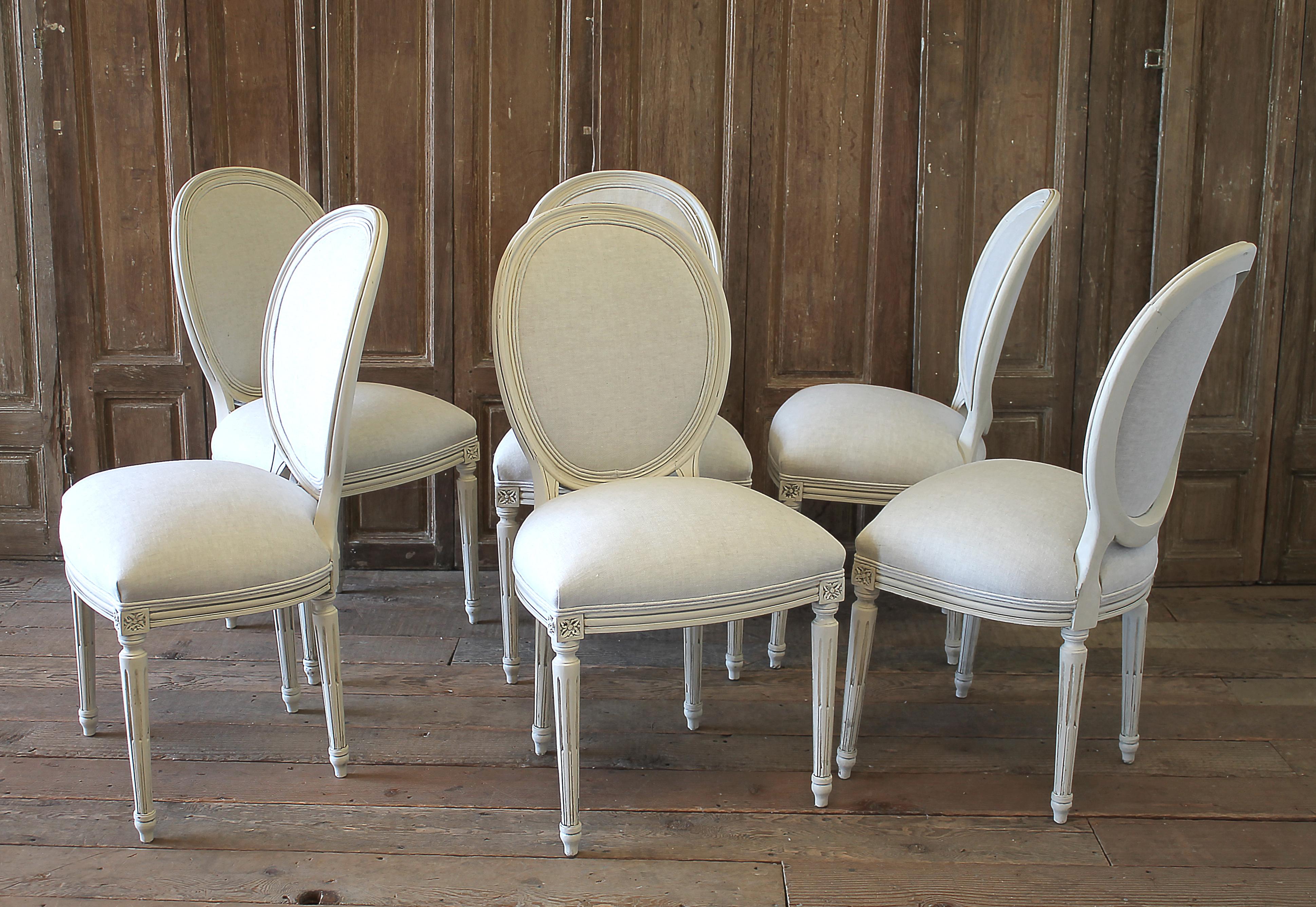 Set of 6 Louis XVI Style White Painted and Upholstered Dining Chairs 7