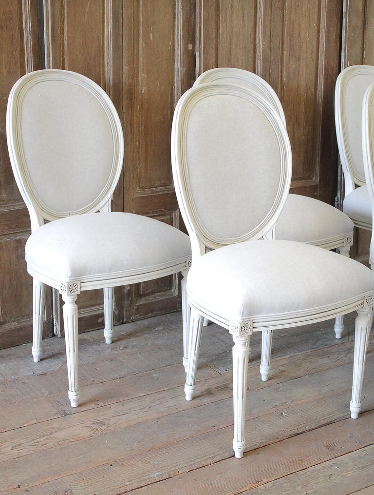 Set of 6 Louis XVI Style White Painted and Upholstered Dining Chairs at