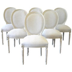 Set of 6 Louis XVI Style White Painted and Upholstered Dining Chairs