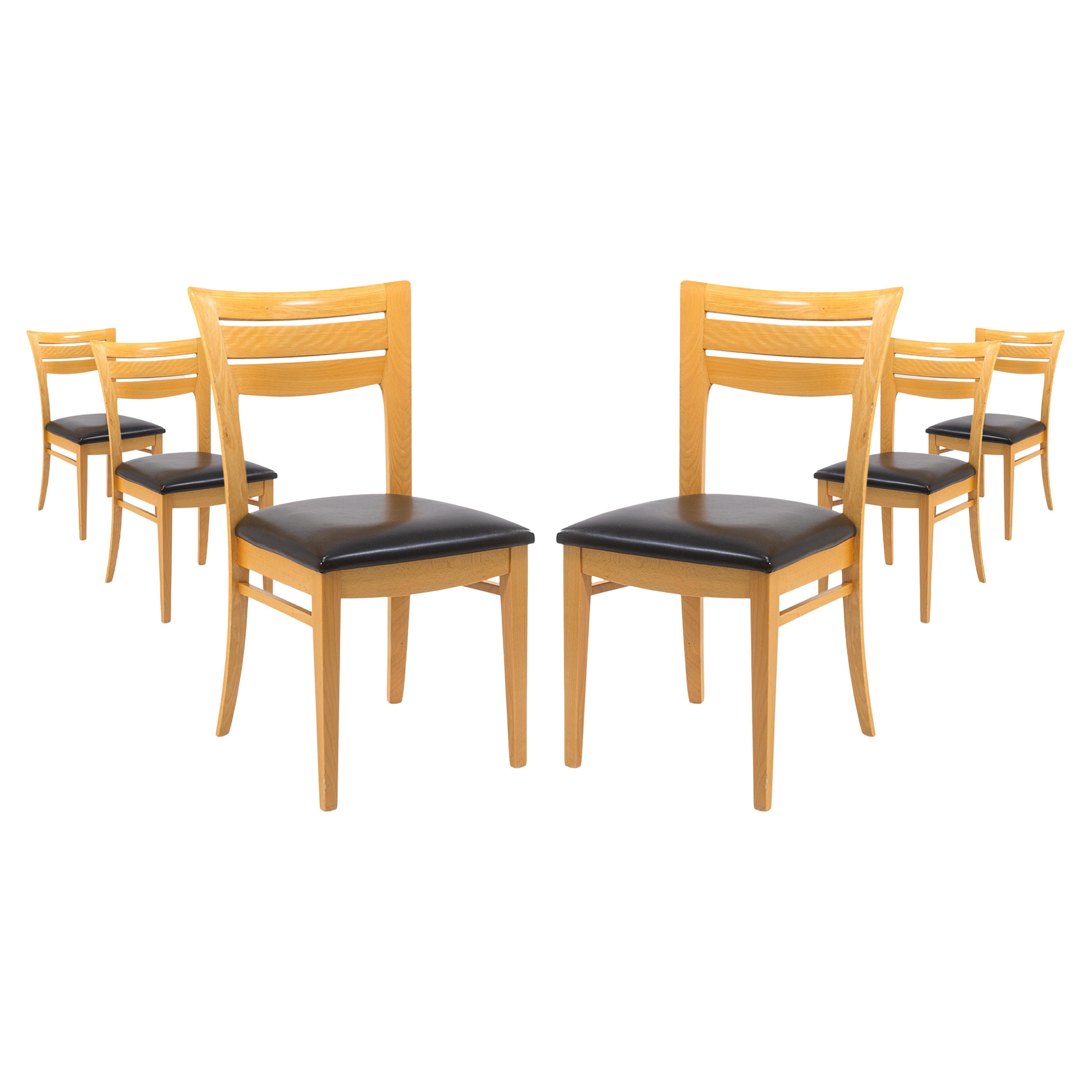 6er Set Lowenstein Blondes Holz und schwarzes Leder Vintage Esszimmerstühle im Angebot