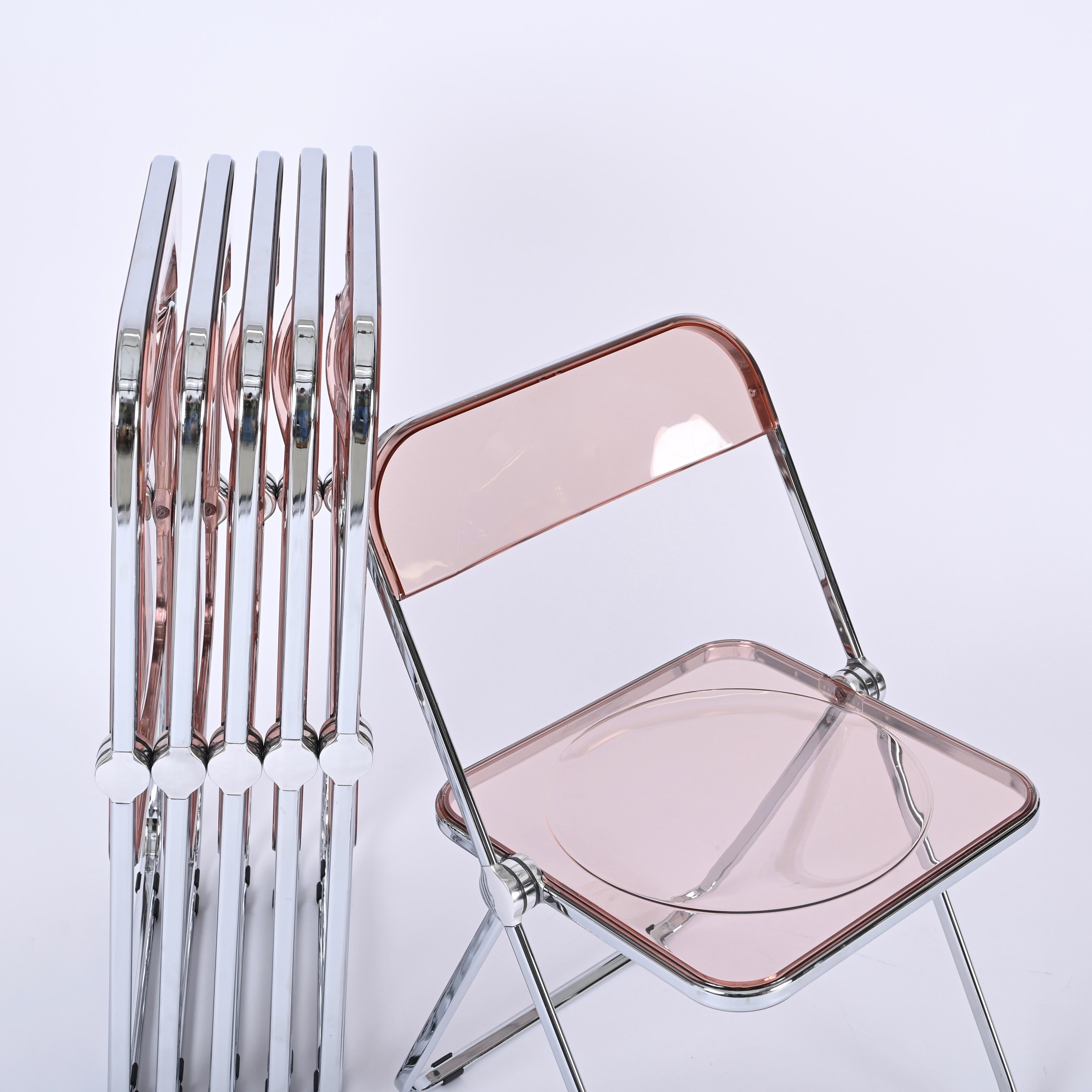 Ensemble de 6 chaises Plia rose lucite et chrome Piretti pour Castelli, Italie, années 1970 en vente 8