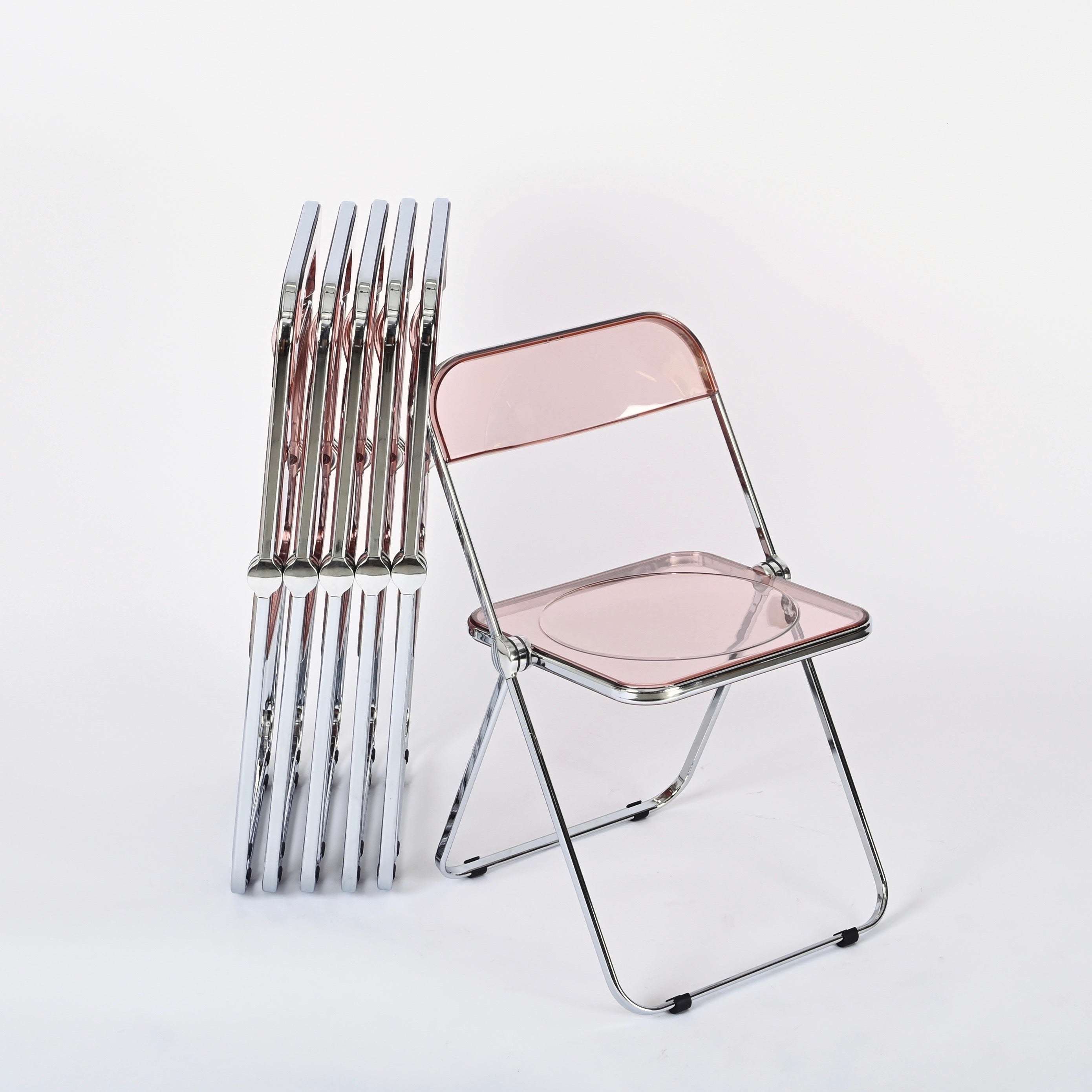 Ensemble de 6 chaises Plia rose lucite et chrome Piretti pour Castelli, Italie, années 1970