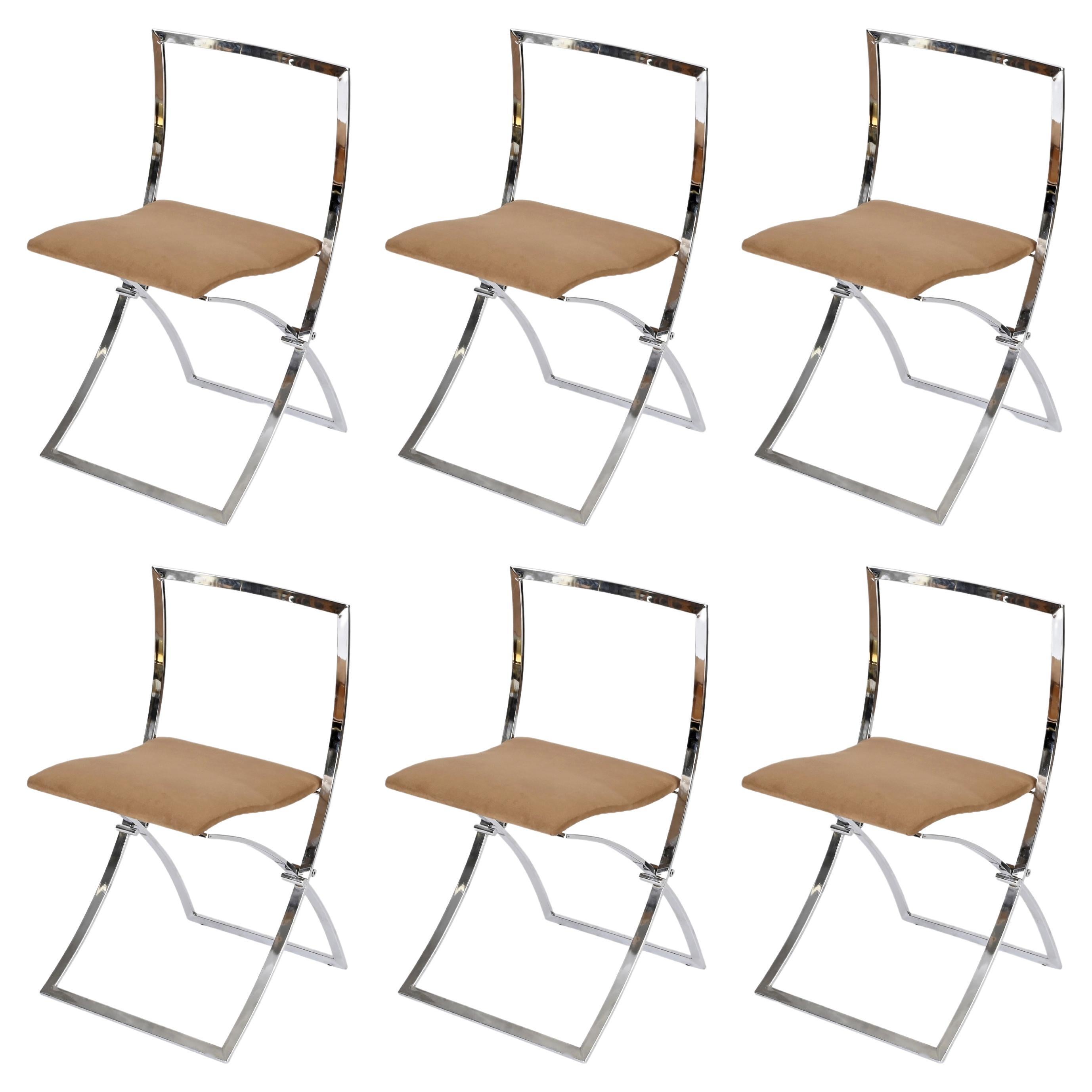 Set of 6 "Luisa" Chrome and Suede Folding Chairs by Marcello Cuneo, Italy 1970s For Sale