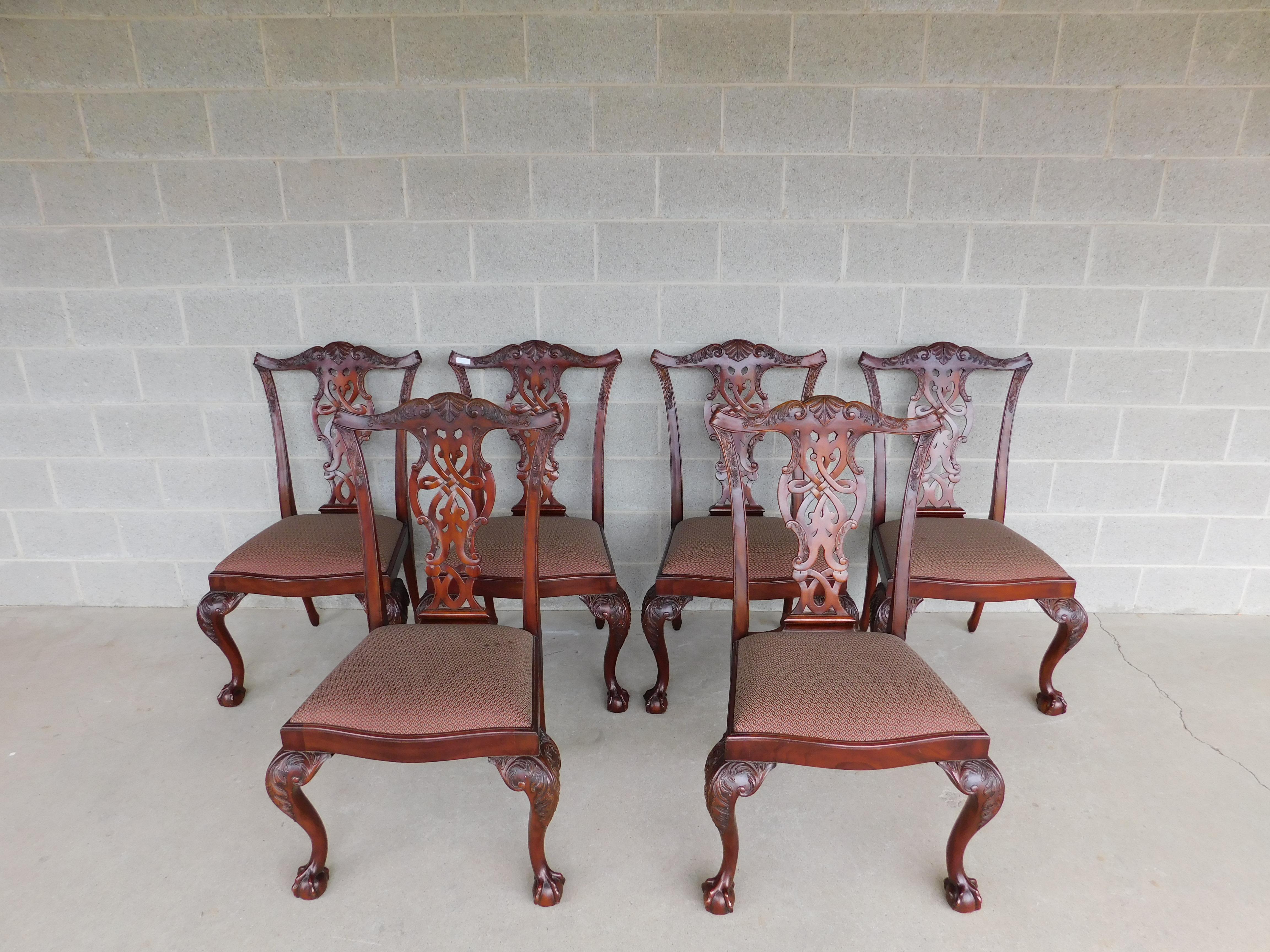 Set of 6 Side Chairs by Maitland Smith, Mahogany Chippendale Style, Ball & Claw Feet, Detailed Carved Knees, Pierced Back. Late 20th Century, Original Upholstery 
Back Height 41