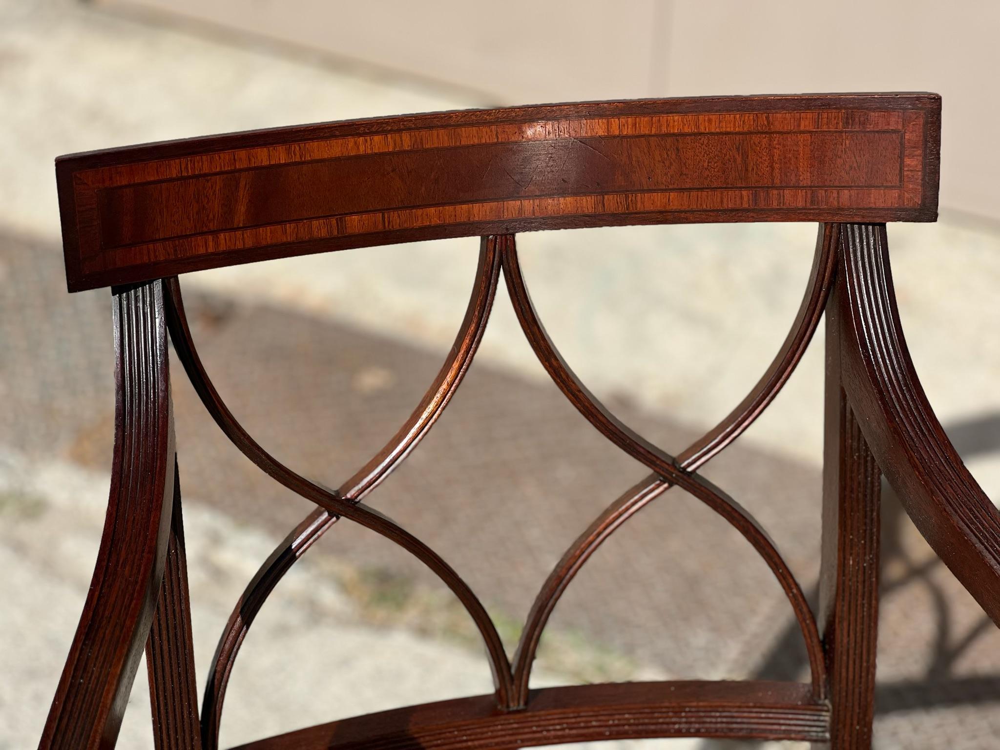 Fabric Set of 6 mahogany dining armchairs in the English Sheraton style 20th century For Sale