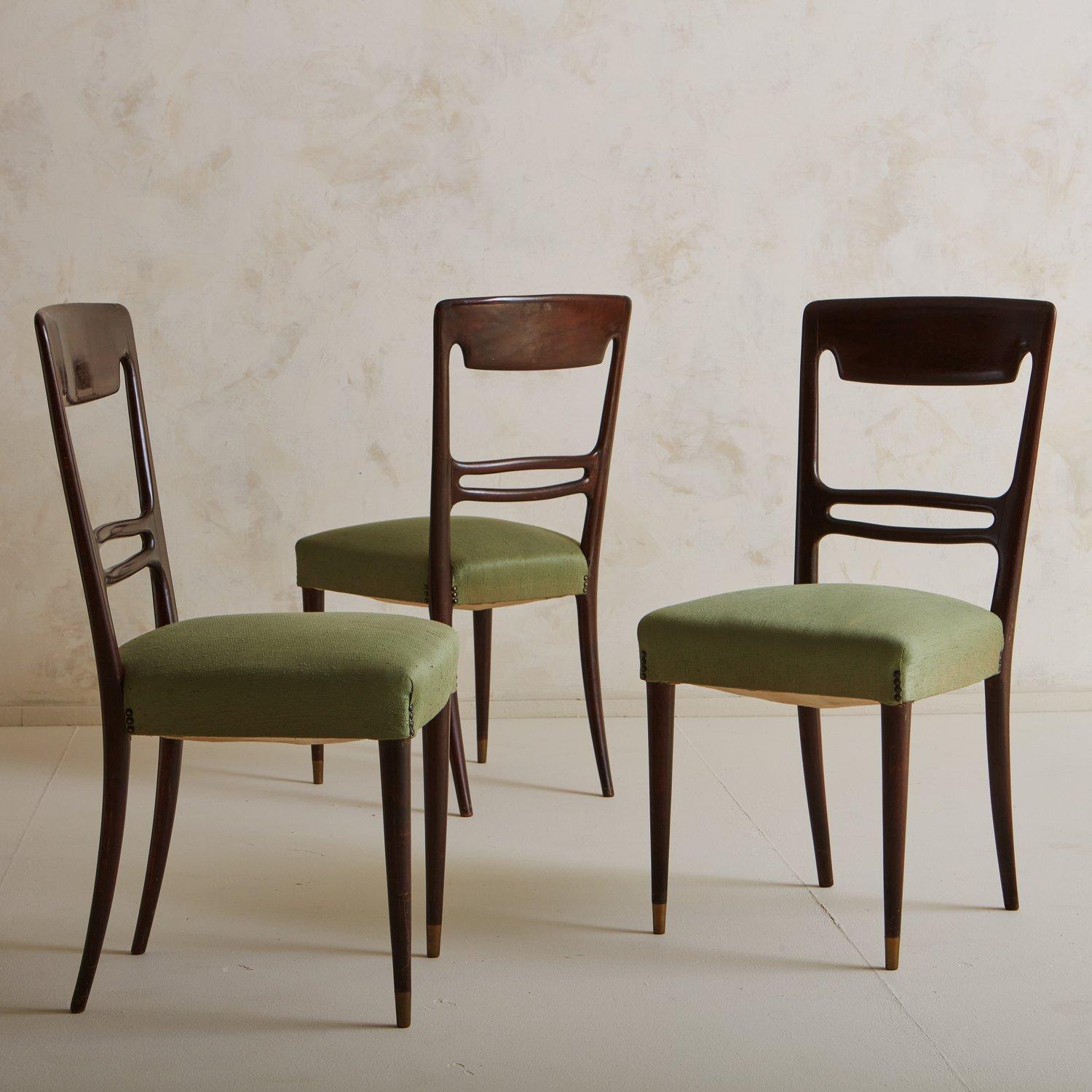 Mid-Century Modern Set of 6 Mahogany Dining Chairs in Green Fabric, France 20th Century
